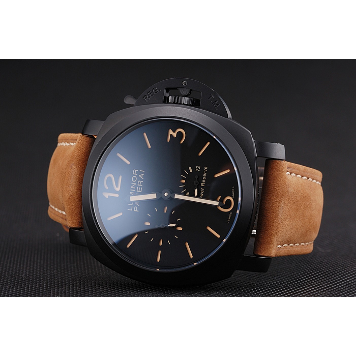 Panerai Luminor 1950 3 Days Power Reserve Black Dial Black Case Brown Suede Leather Strap