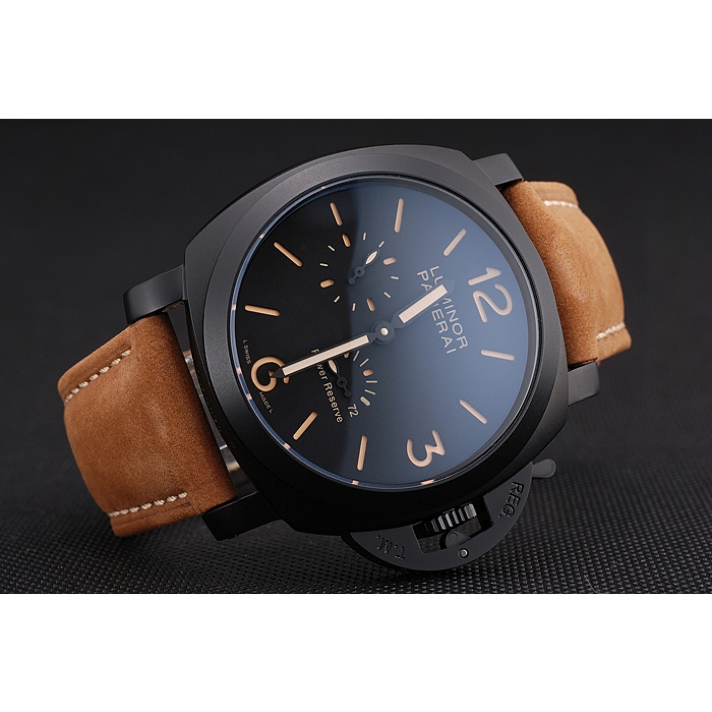 Panerai Luminor 1950 3 Days Power Reserve Black Dial Black Case Brown Suede Leather Strap