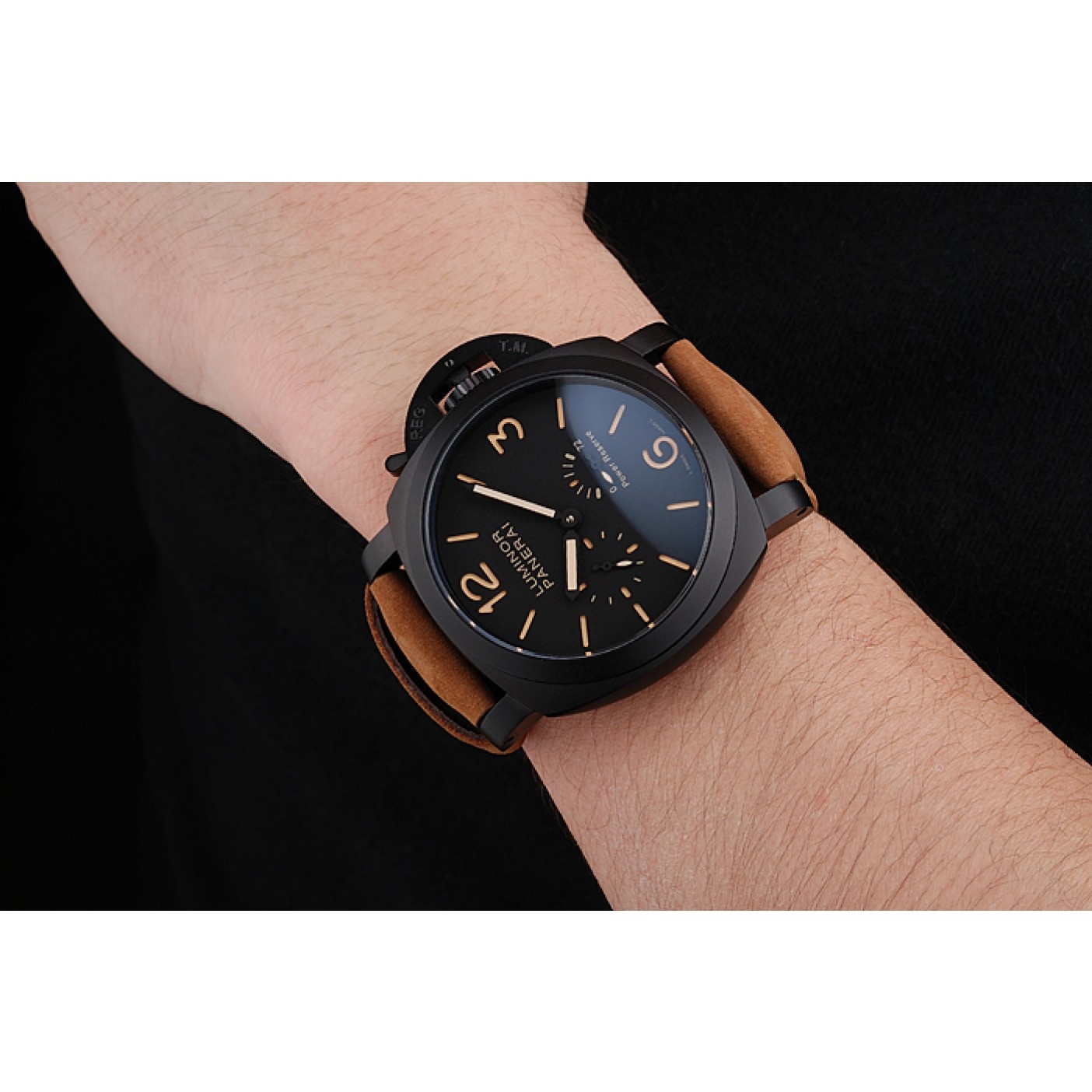 Panerai Luminor 1950 3 Days Power Reserve Black Dial Black Case Brown Suede Leather Strap