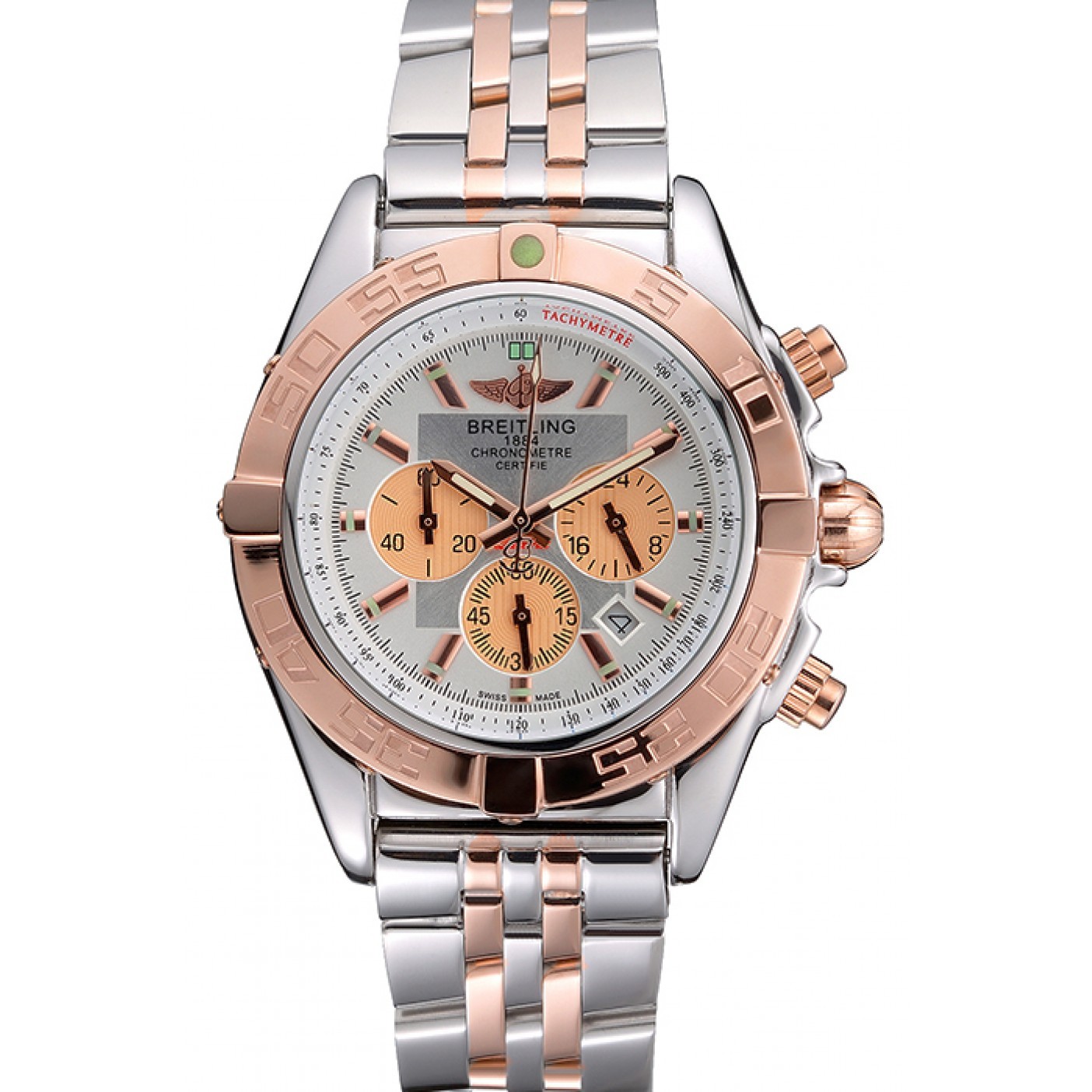 Breitling Chronomat White Dial Rose Gold Bezel And Subdials Stainless Steel Case Two Tone Bracelet