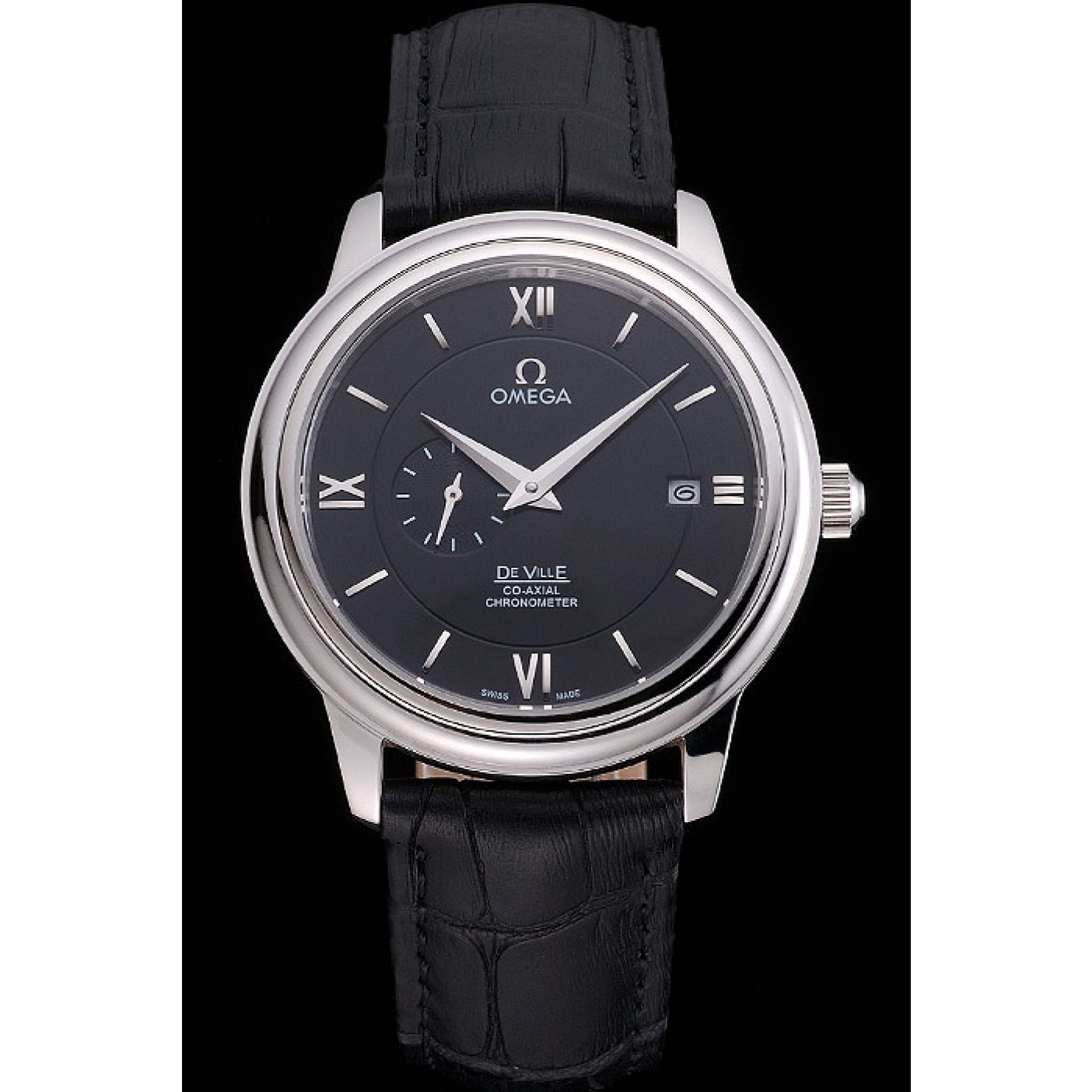 Omega De Ville Prestige Co-Axial Black Dial Silver Case Black Leather Strap Roman Numeral