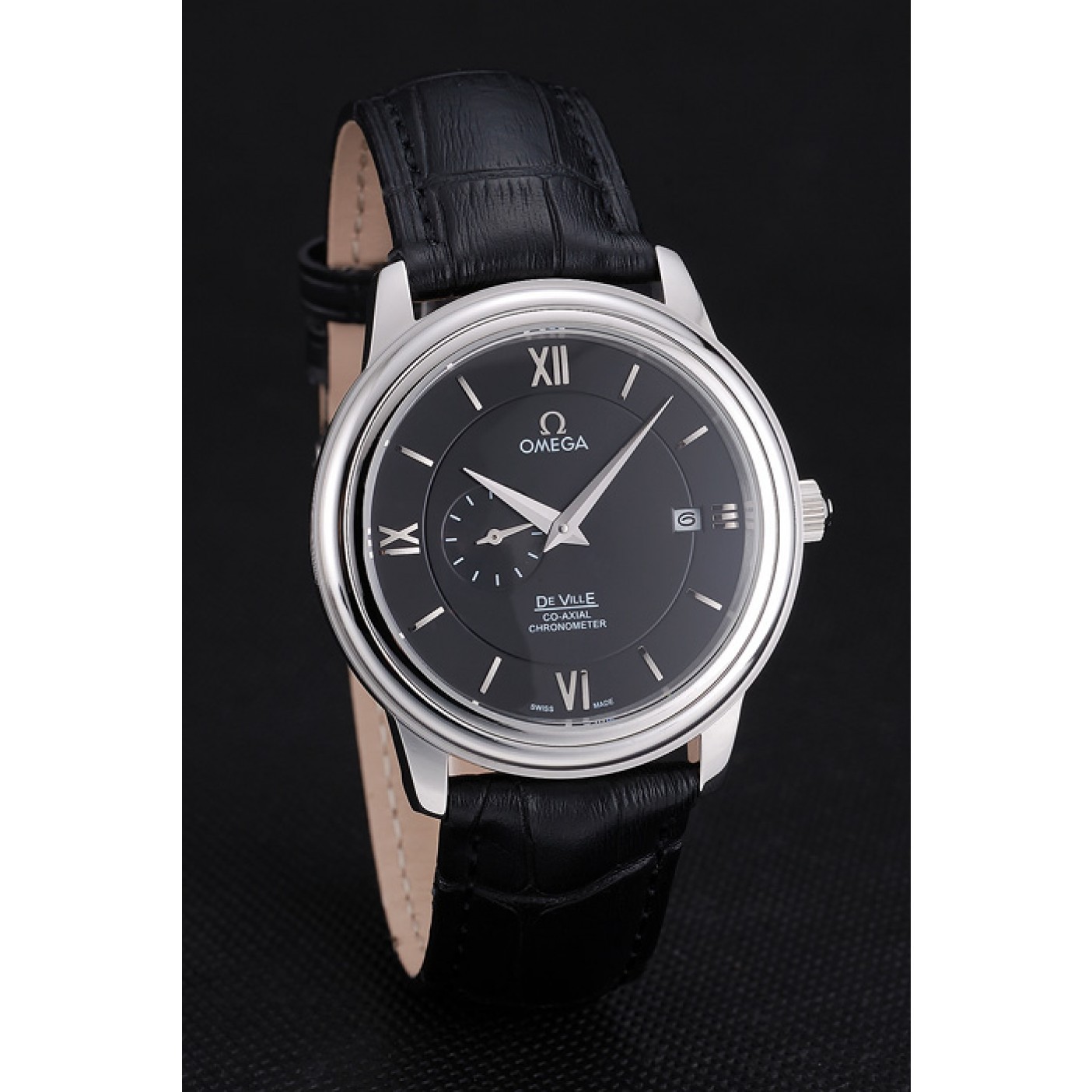 Omega De Ville Prestige Co-Axial Black Dial Silver Case Black Leather Strap Roman Numeral