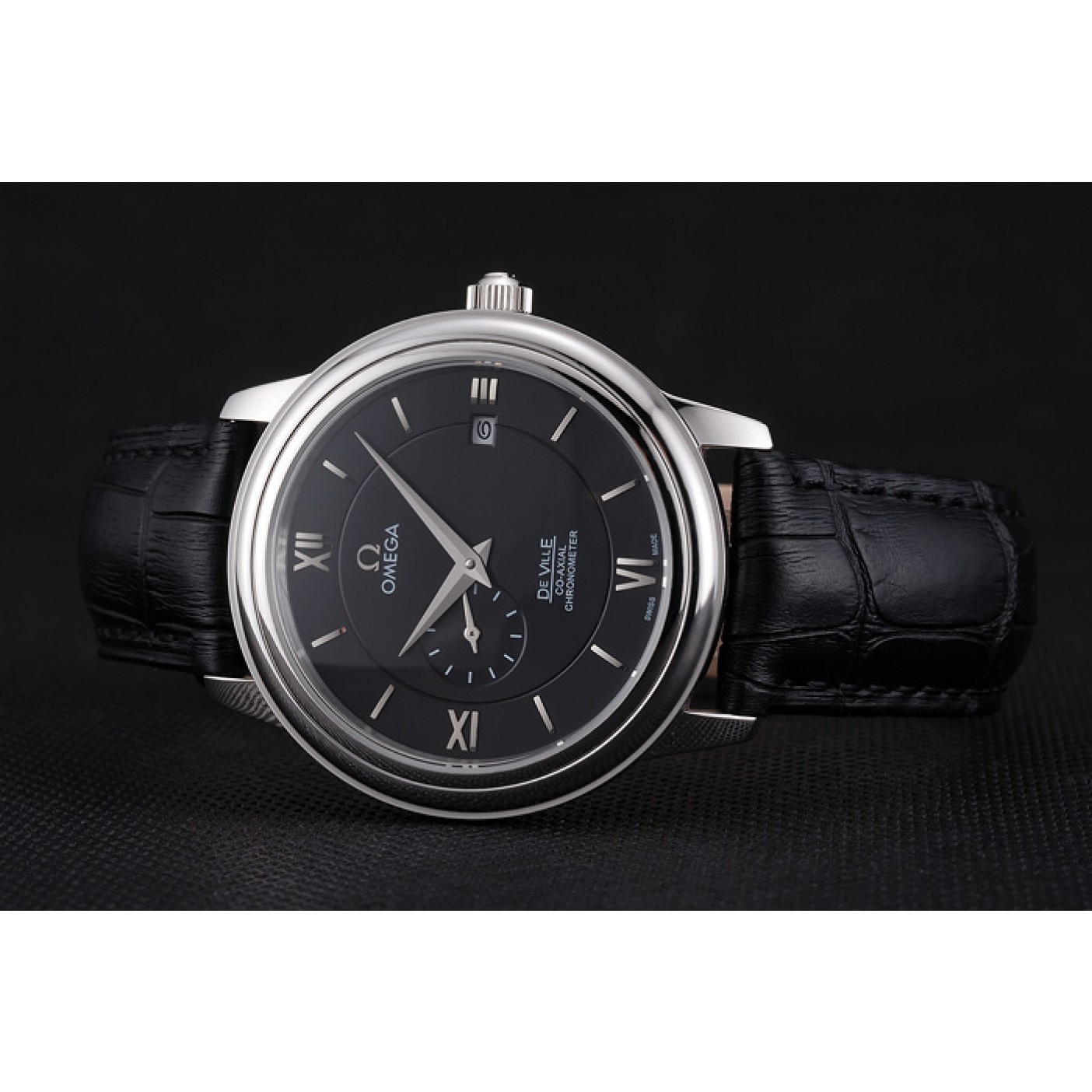 Omega De Ville Prestige Co-Axial Black Dial Silver Case Black Leather Strap Roman Numeral