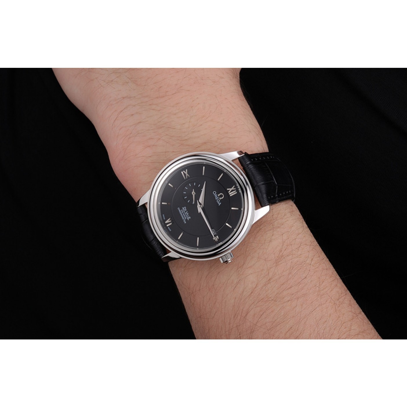 Omega De Ville Prestige Co-Axial Black Dial Silver Case Black Leather Strap Roman Numeral