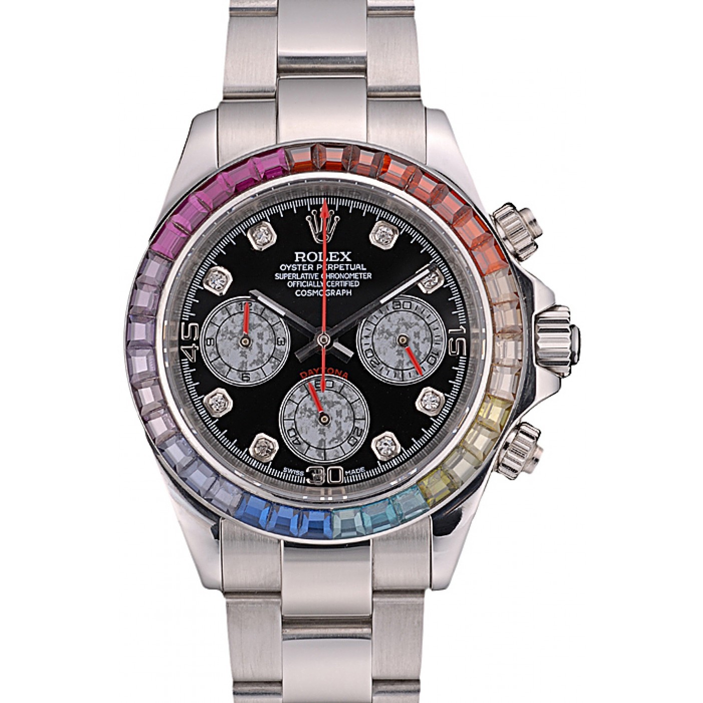 RepTime Watches Rolex Daytona Cosmograph Rainbow Crystals Bezel Stainless Steep Strap Black Dial 80250