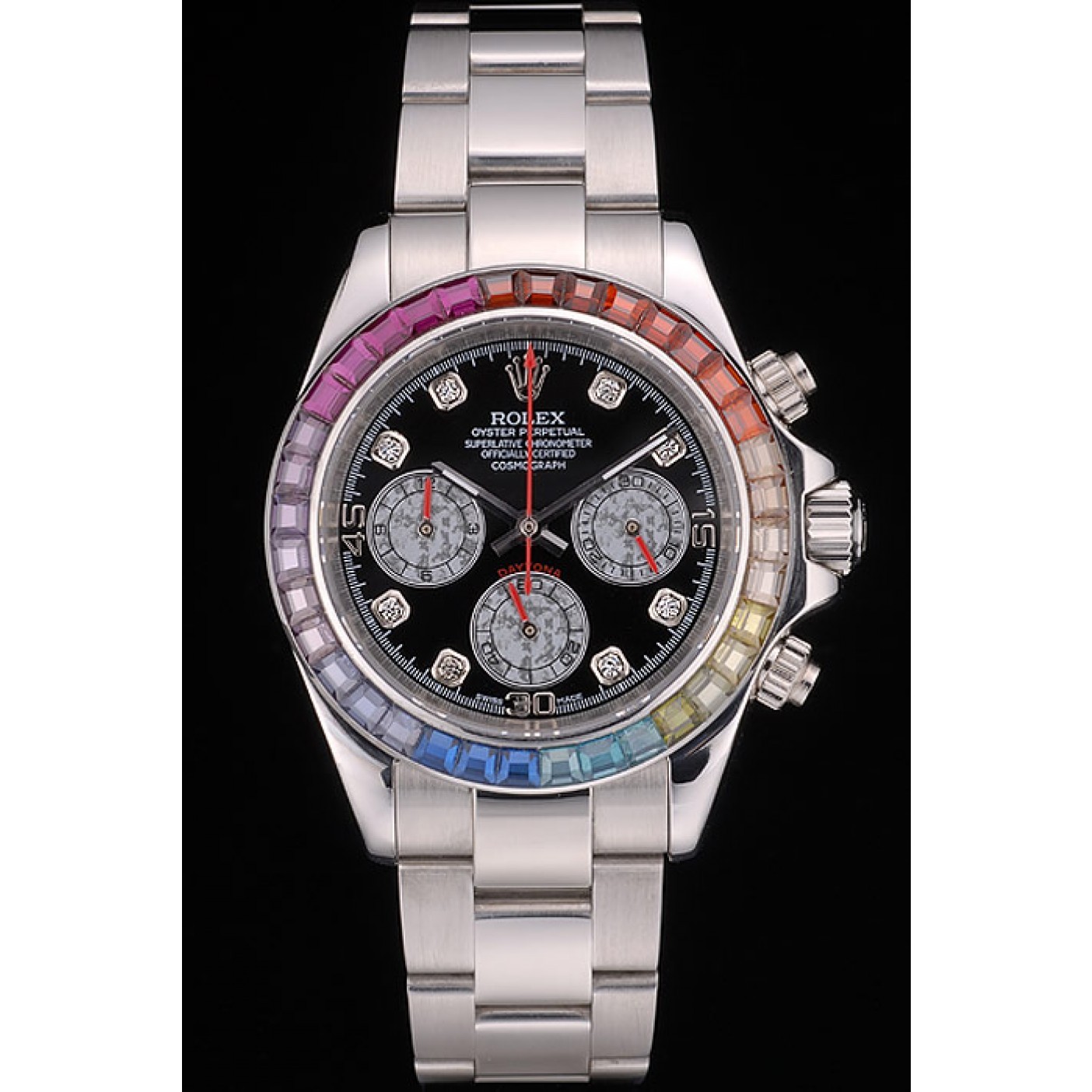 RepTime Watches Rolex Daytona Cosmograph Rainbow Crystals Bezel Stainless Steep Strap Black Dial 80250