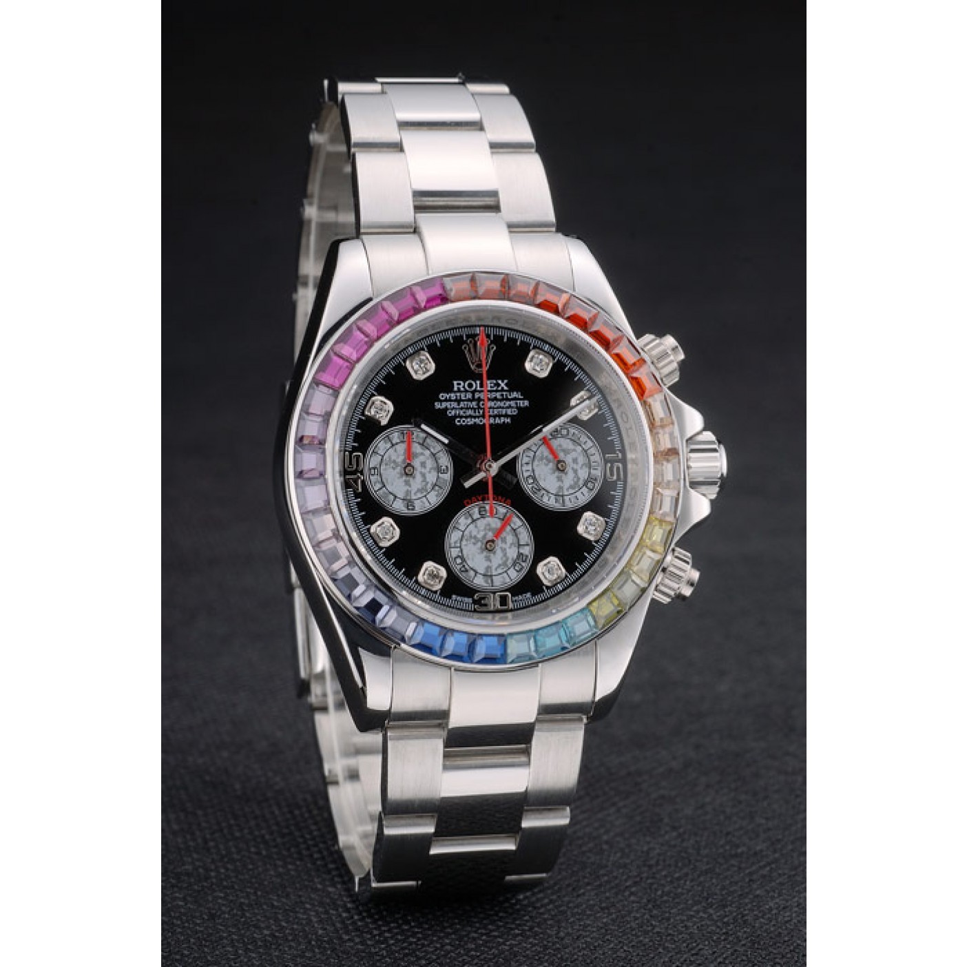 RepTime Watches Rolex Daytona Cosmograph Rainbow Crystals Bezel Stainless Steep Strap Black Dial 80250