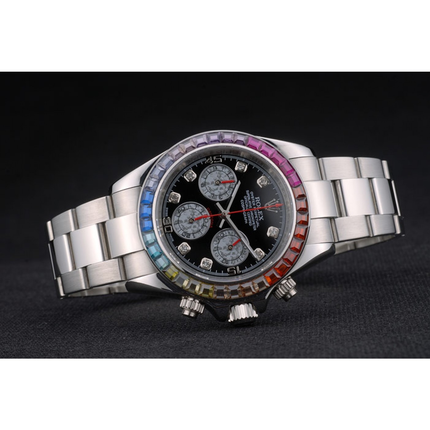 Rolex Daytona Cosmograph Rainbow Crystals Bezel Stainless Steep Strap Black Dial 80250