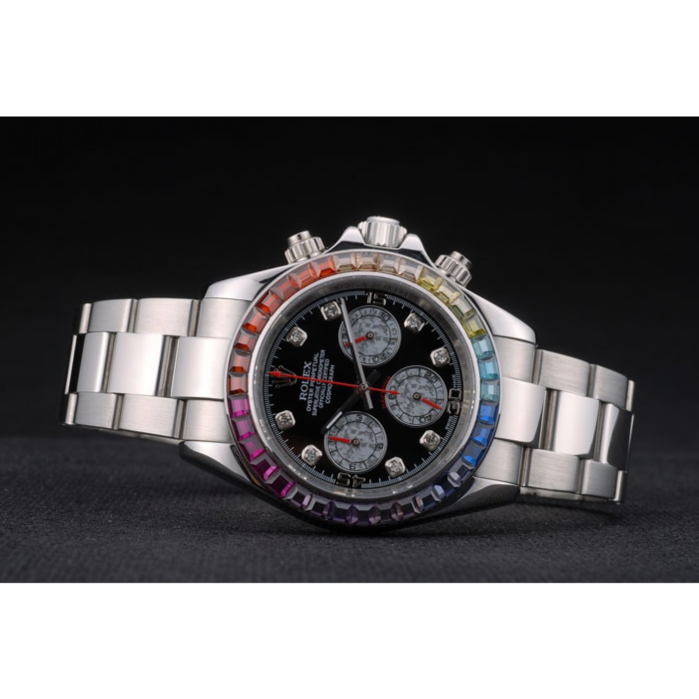 RepTime Watches Rolex Daytona Cosmograph Rainbow Crystals Bezel Stainless Steep Strap Black Dial 80250