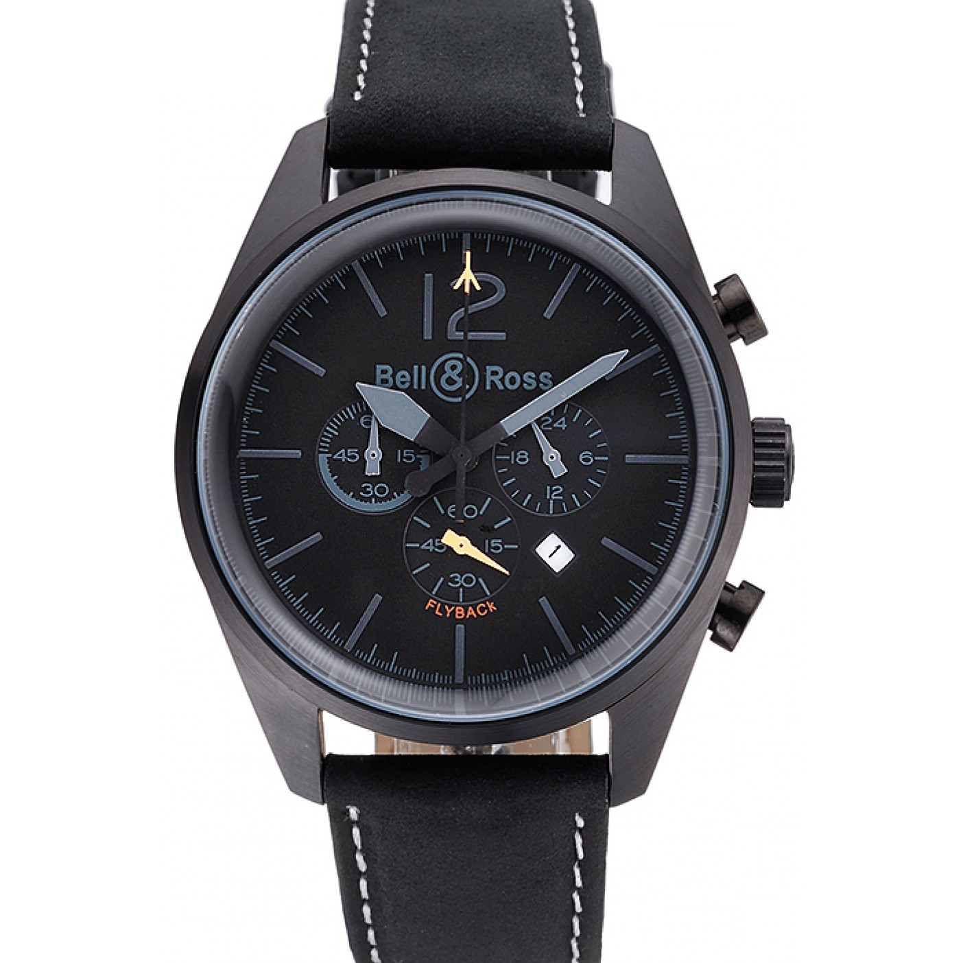 Bell and Ross BR126 Flyback Black Dial Black Case Black Suede Leather Strap