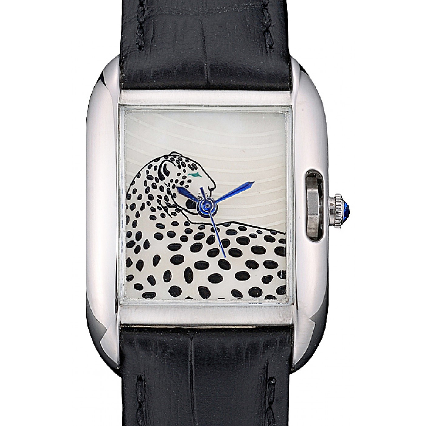 Cartier Tank Anglaise White Tiger Dial Stainless Steel Case Black Leather Bracelet