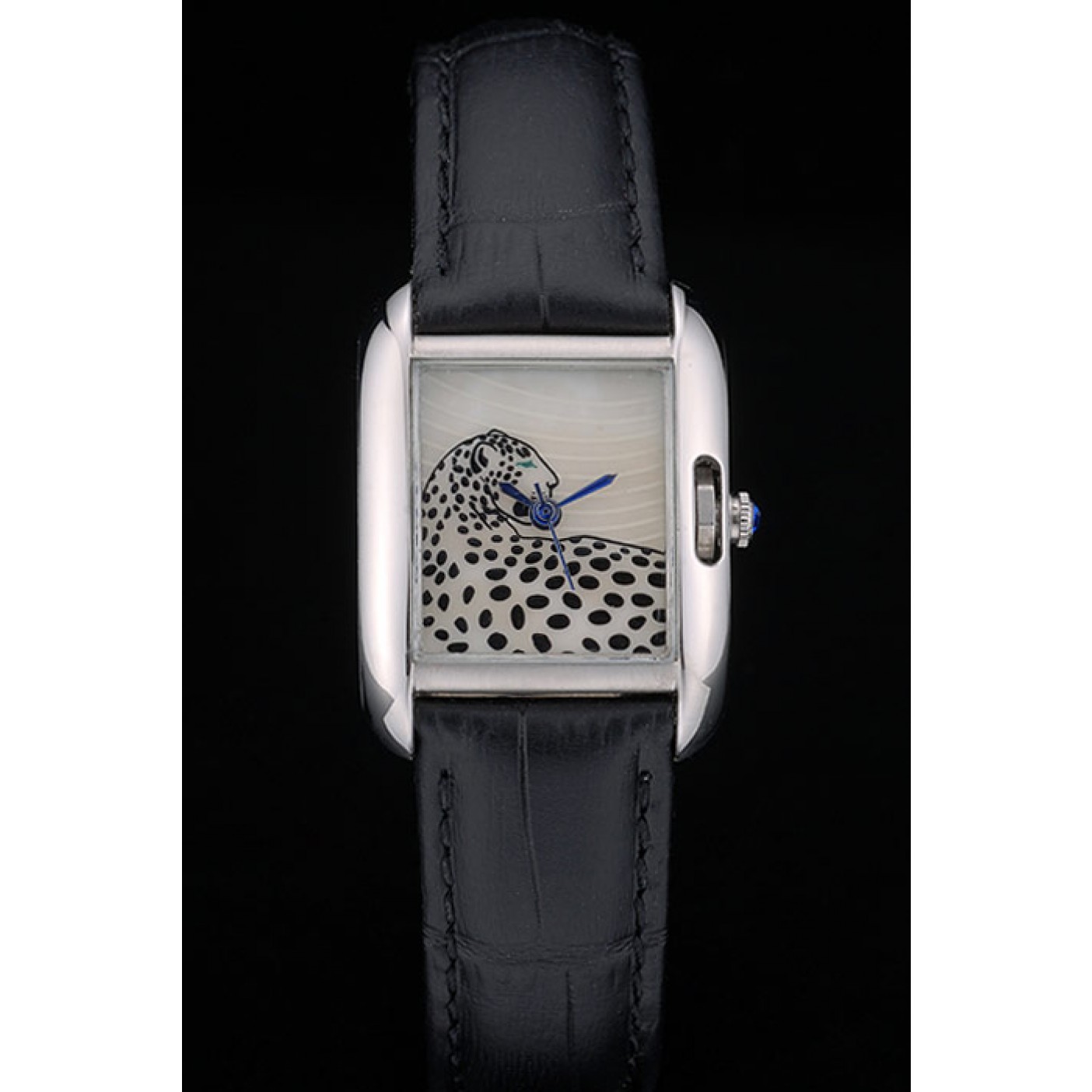 Cartier Tank Anglaise White Tiger Dial Stainless Steel Case Black Leather Bracelet