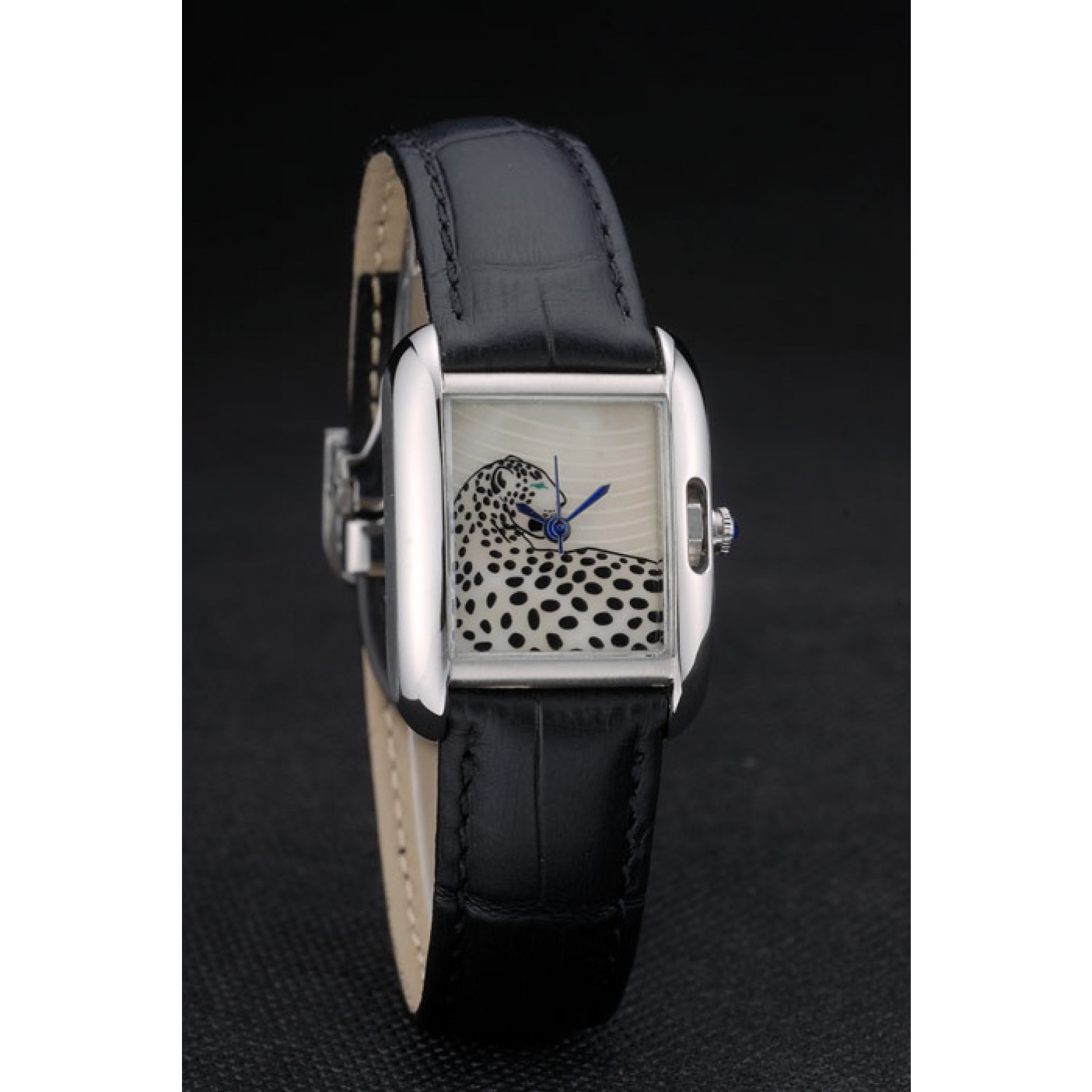 Cartier Tank Anglaise White Tiger Dial Stainless Steel Case Black Leather Bracelet