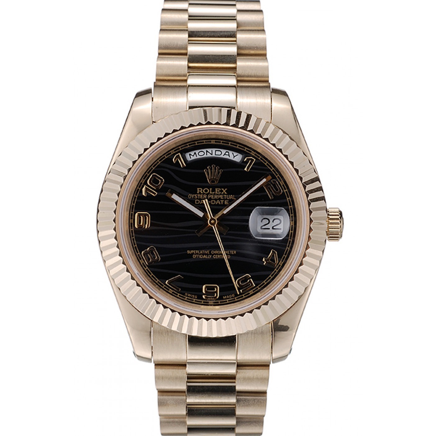 RepTime Watches Rolex Swiss DayDate Gold Stainless Steel Ribbed Bezel Black Dial 41998