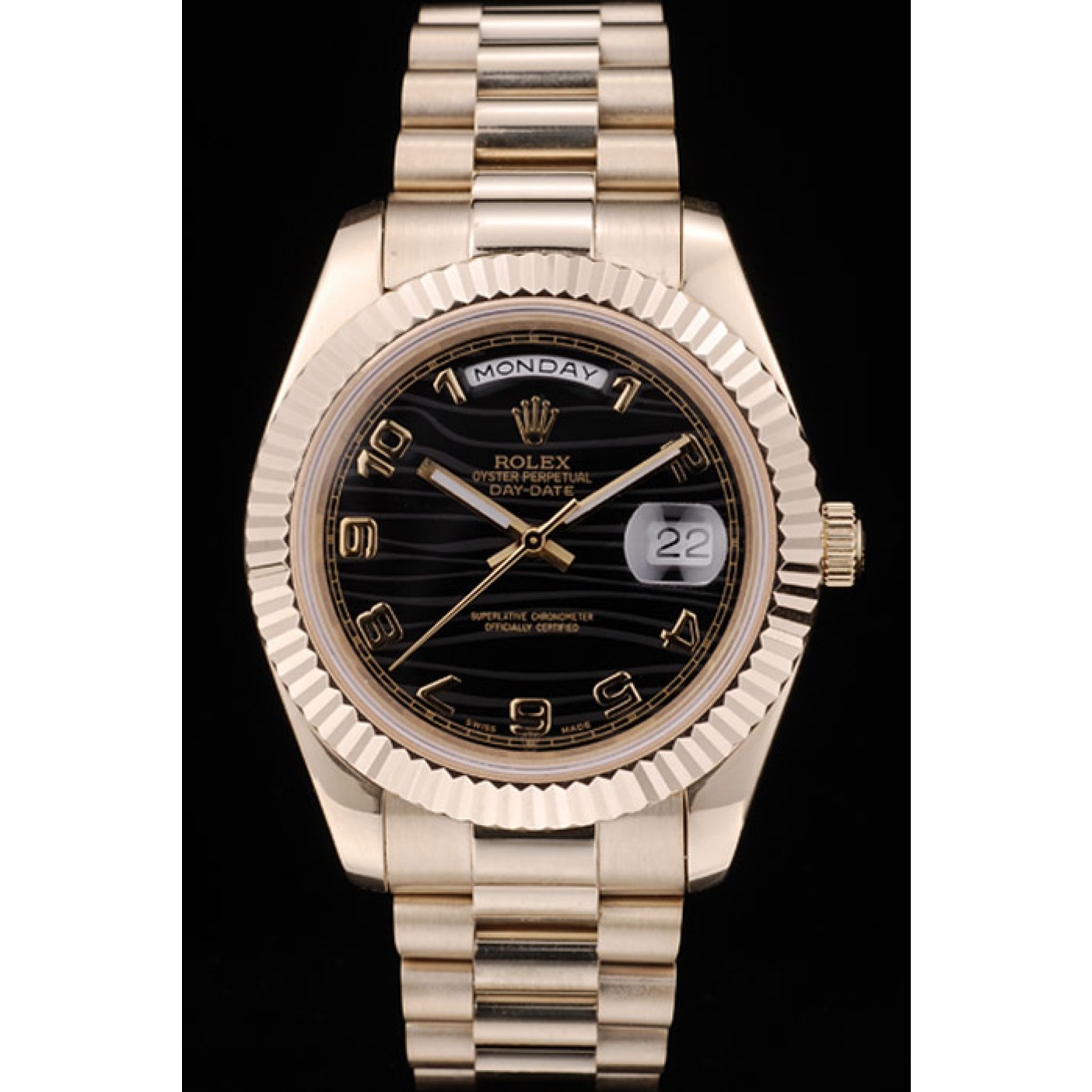 RepTime Watches Rolex Swiss DayDate Gold Stainless Steel Ribbed Bezel Black Dial 41998