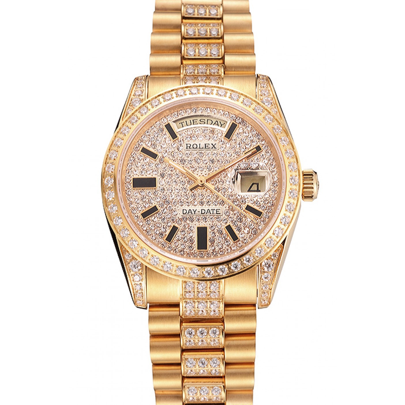 Swiss Rolex Day Date Yellow Gold Diamond Pave