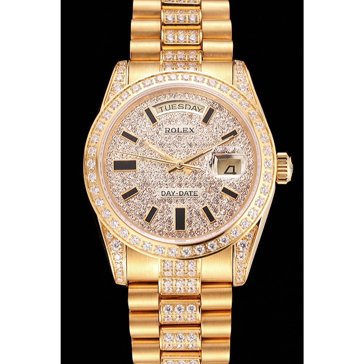 Swiss Rolex Day Date Yellow Gold Diamond Pave