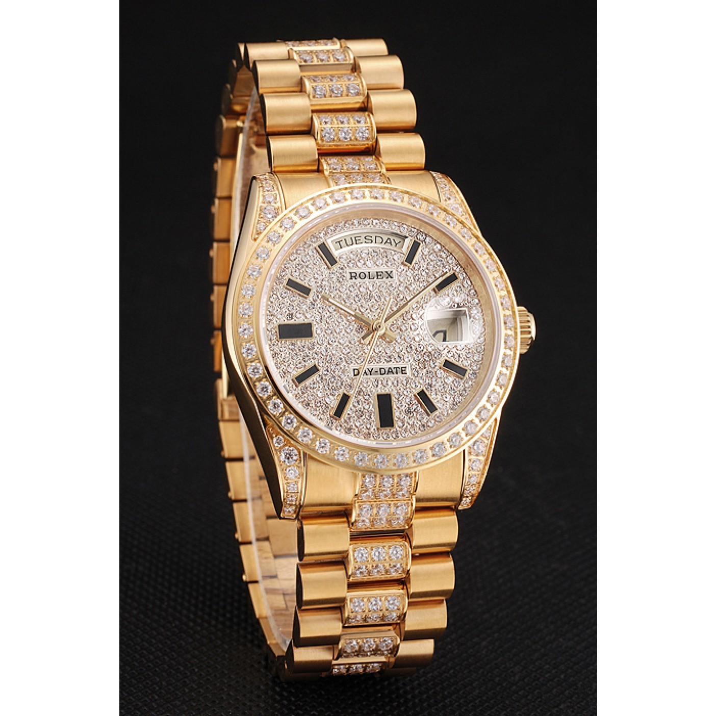 Swiss Rolex Day Date Yellow Gold Diamond Pave