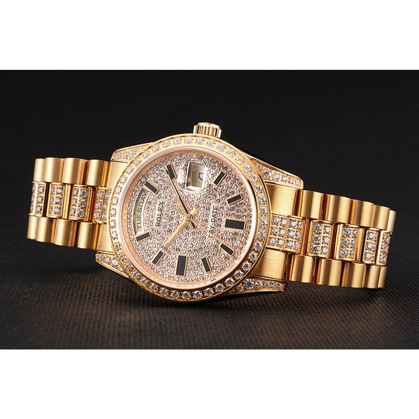 RepTime Watches Swiss Rolex Day Date Yellow Gold Diamond Pave