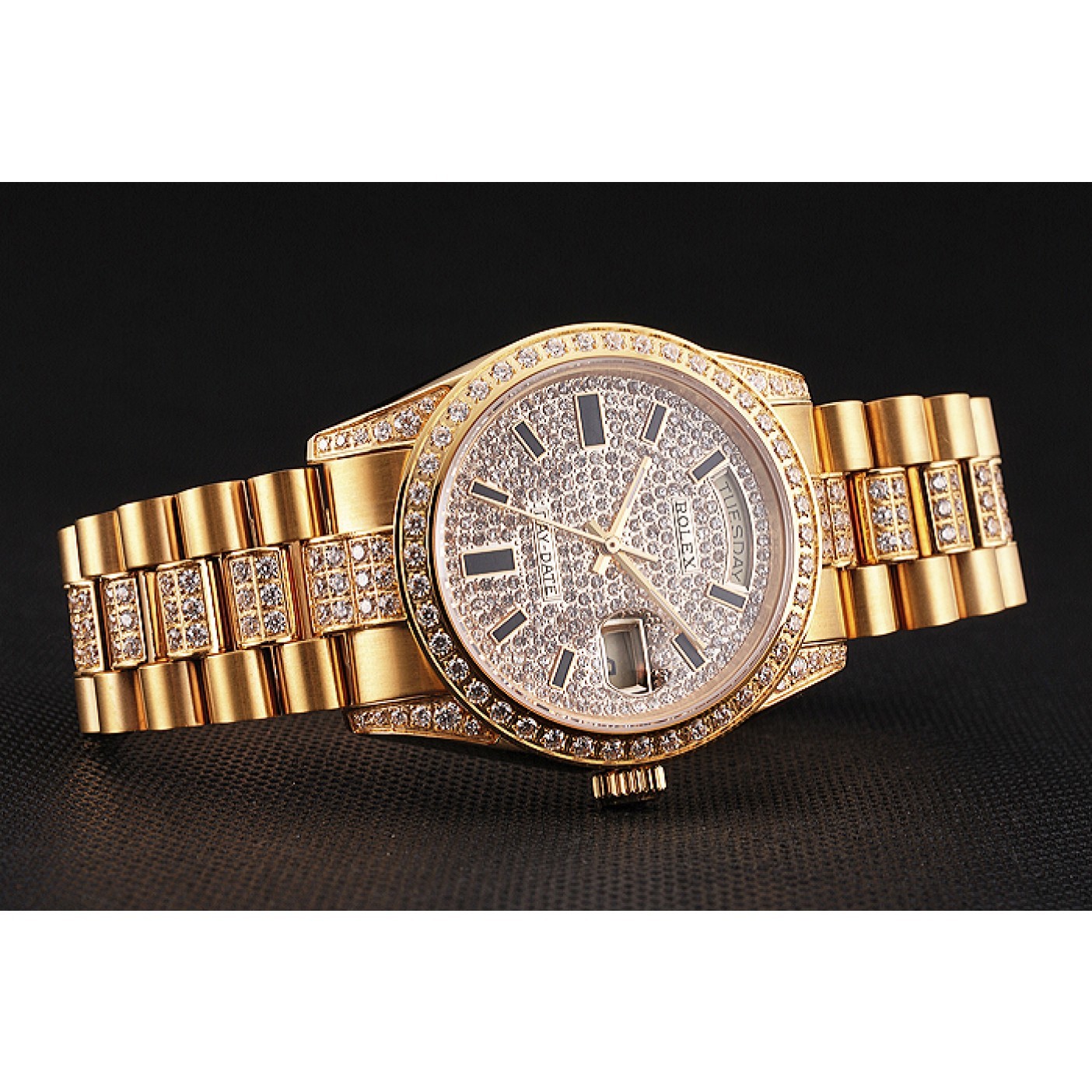 RepTime Watches Swiss Rolex Day Date Yellow Gold Diamond Pave