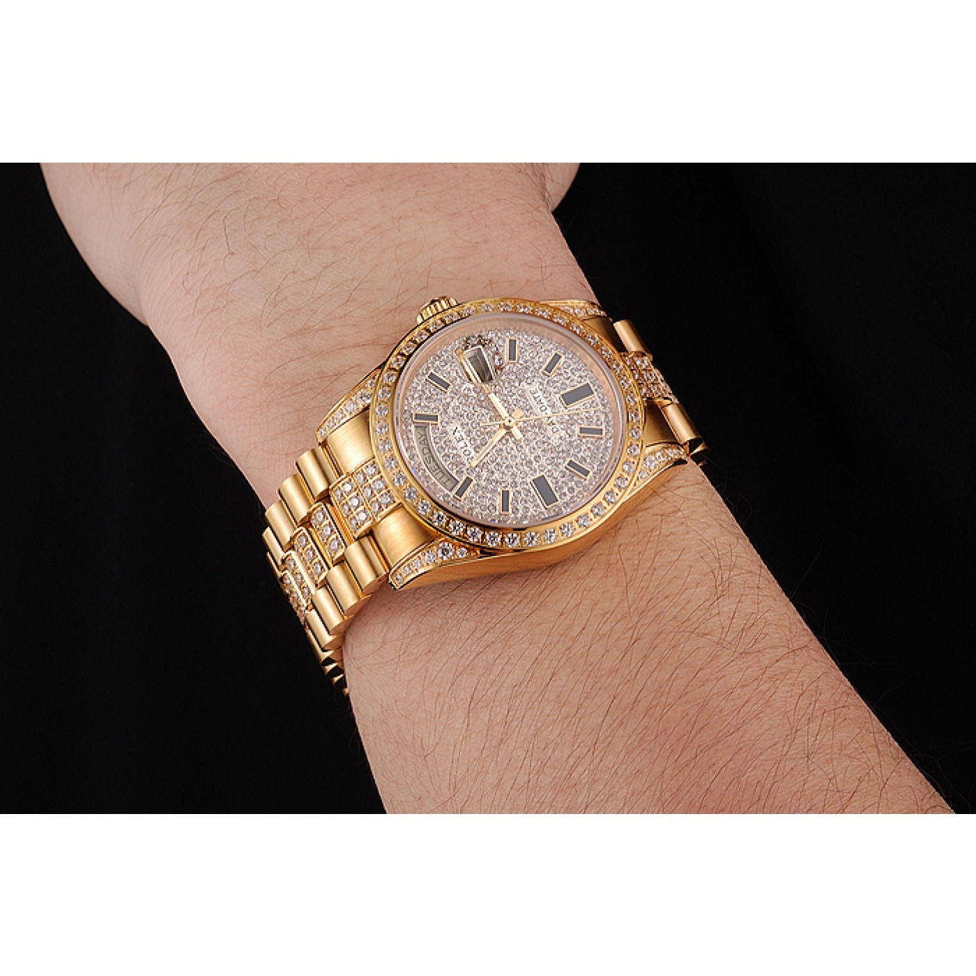 RepTime Watches Swiss Rolex Day Date Yellow Gold Diamond Pave