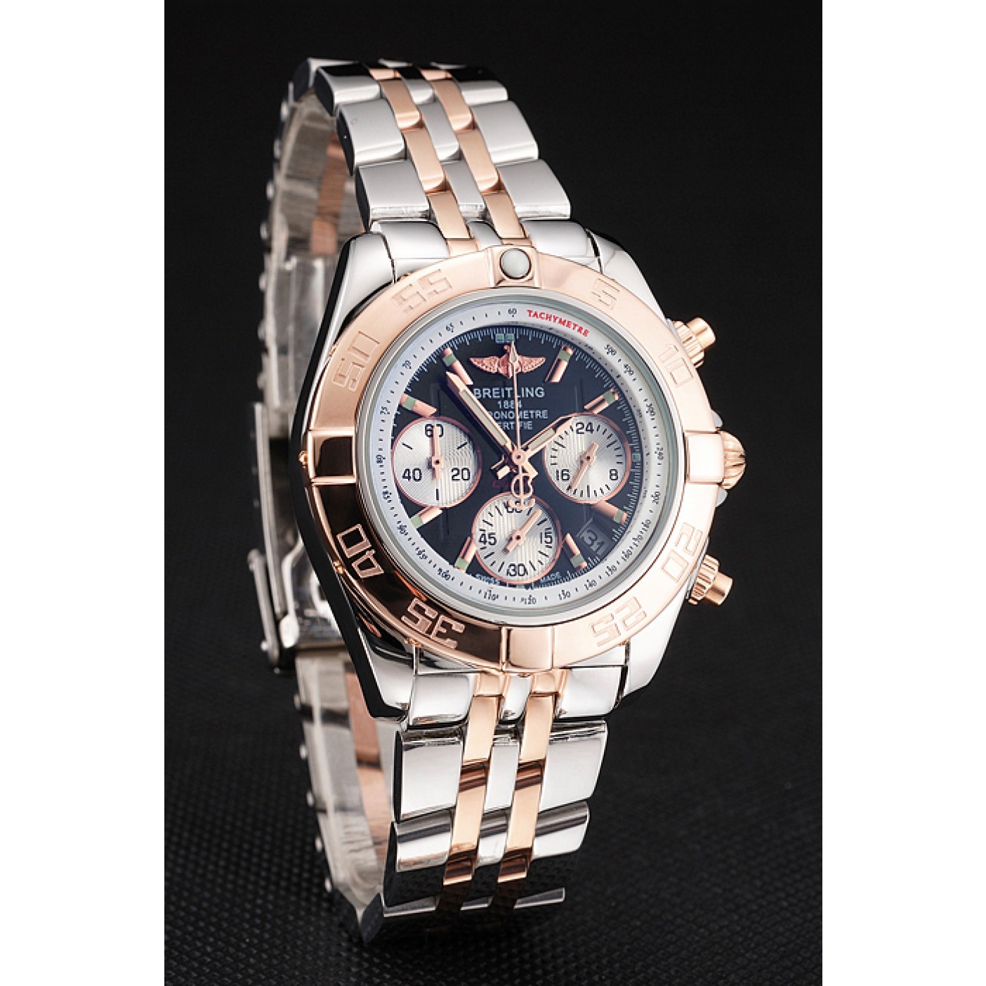 Breitling Chronomat Quartz Dark Blue Dial Rose Gold Case Stainless Steel Case Two Tone Bracelet