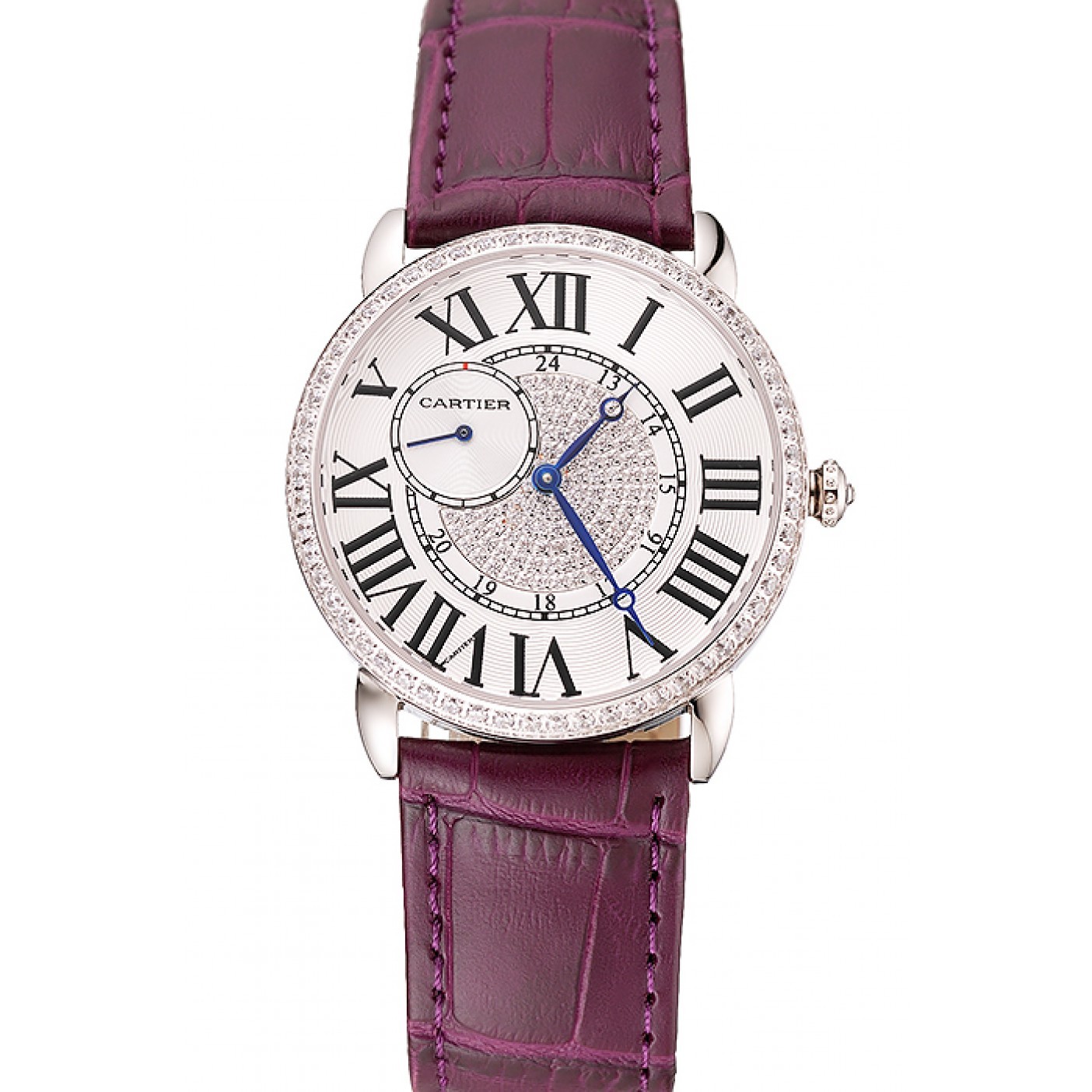 Cartier Ronde Louis Silver Diamond Case White Dial Purple Leather Bracelet 1454009