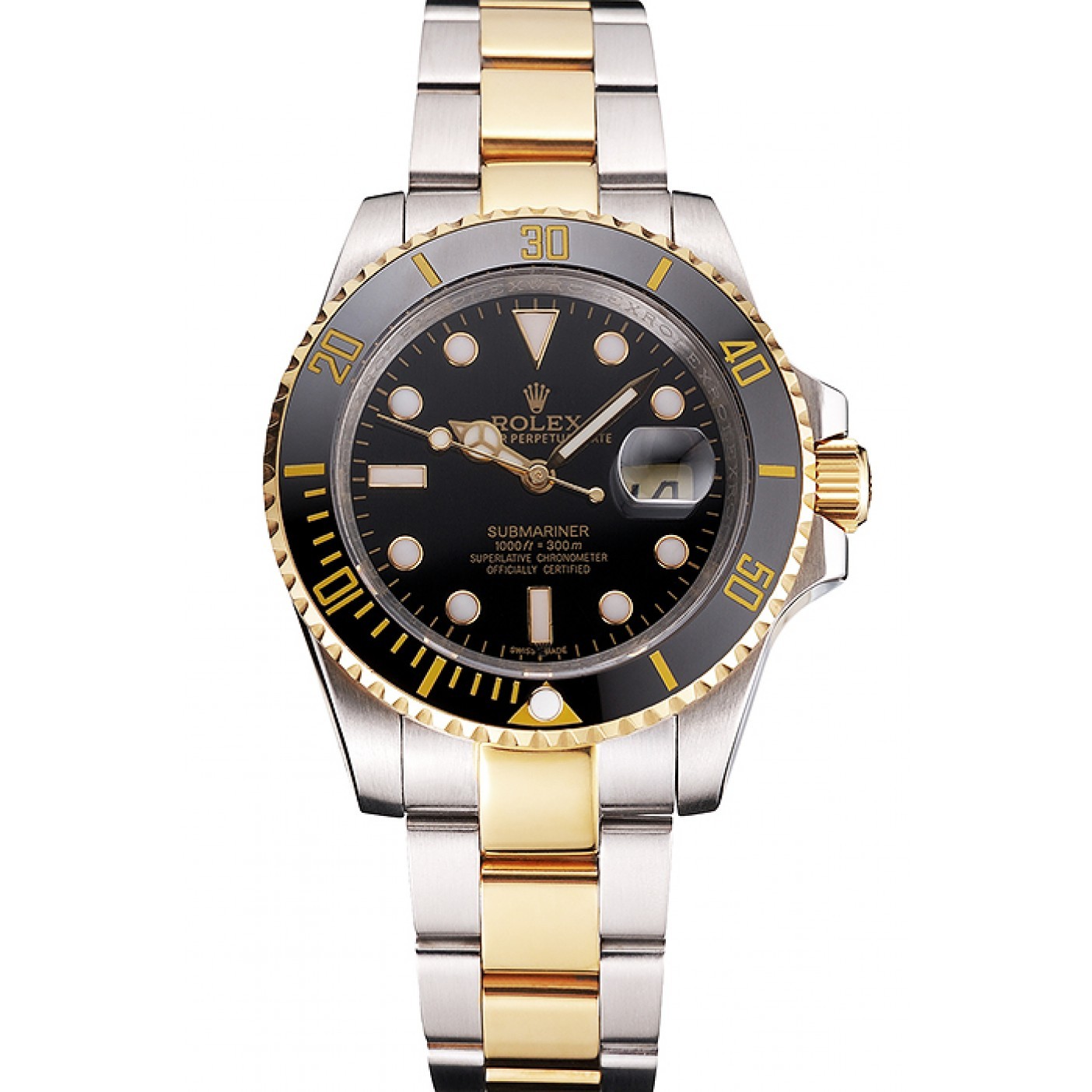 Swiss Rolex Submariner Black Dial And Bezel Two Tone Steel Gold Bracelet