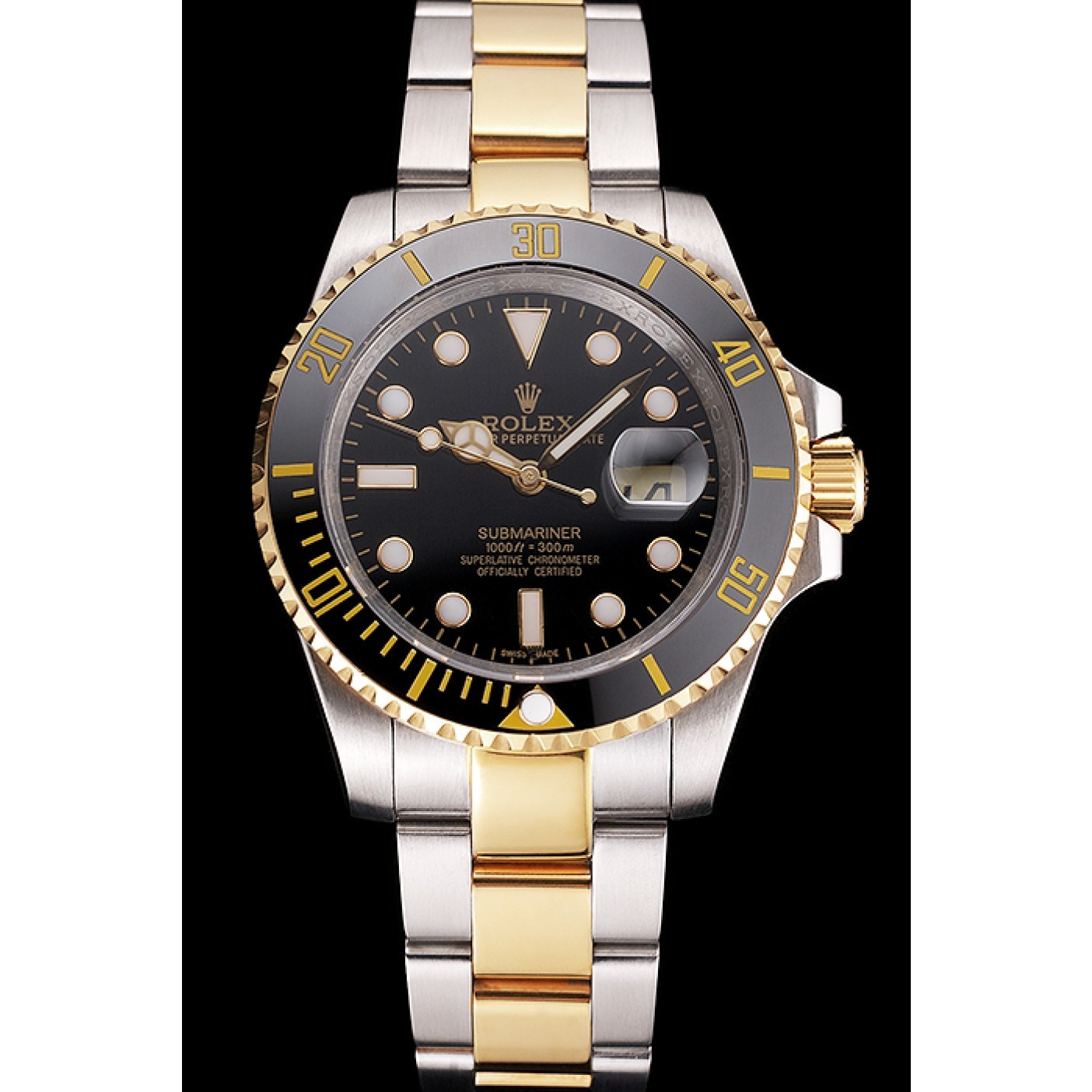 Swiss Rolex Submariner Black Dial And Bezel Two Tone Steel Gold Bracelet