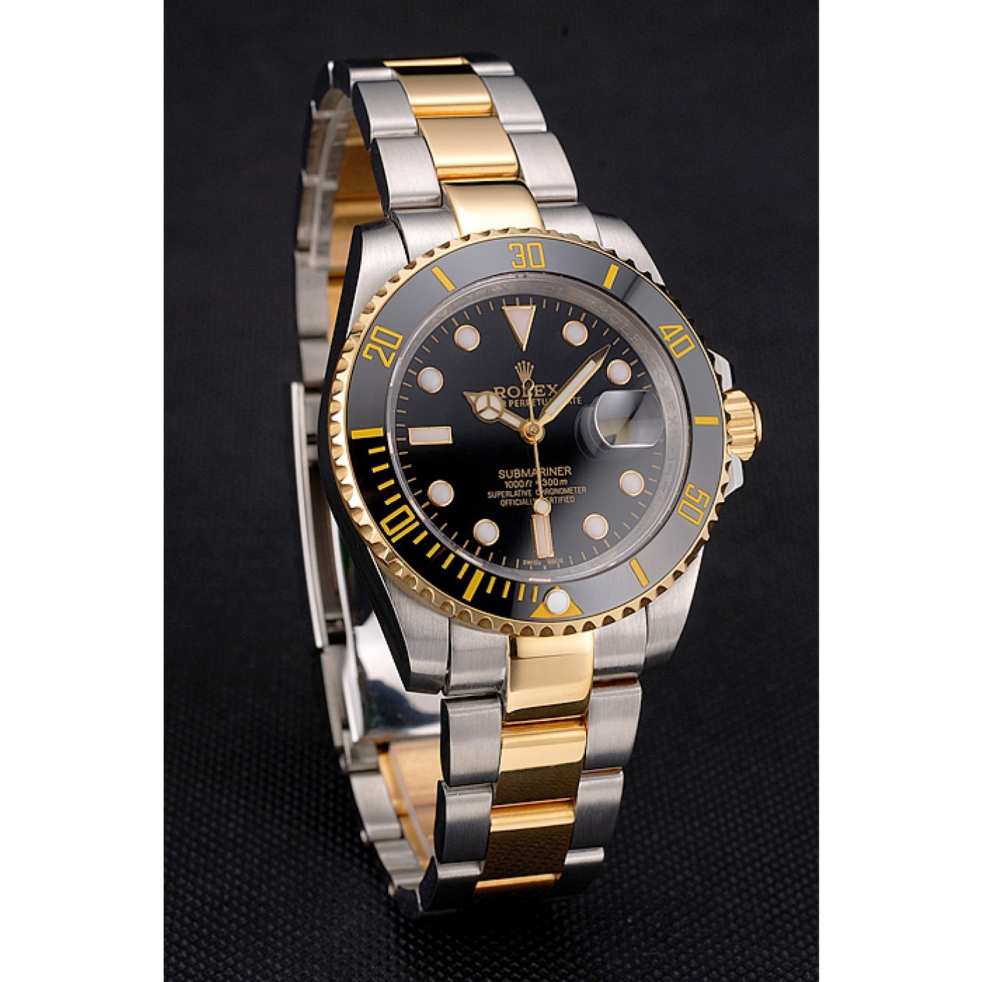 Swiss Rolex Submariner Black Dial And Bezel Two Tone Steel Gold Bracelet