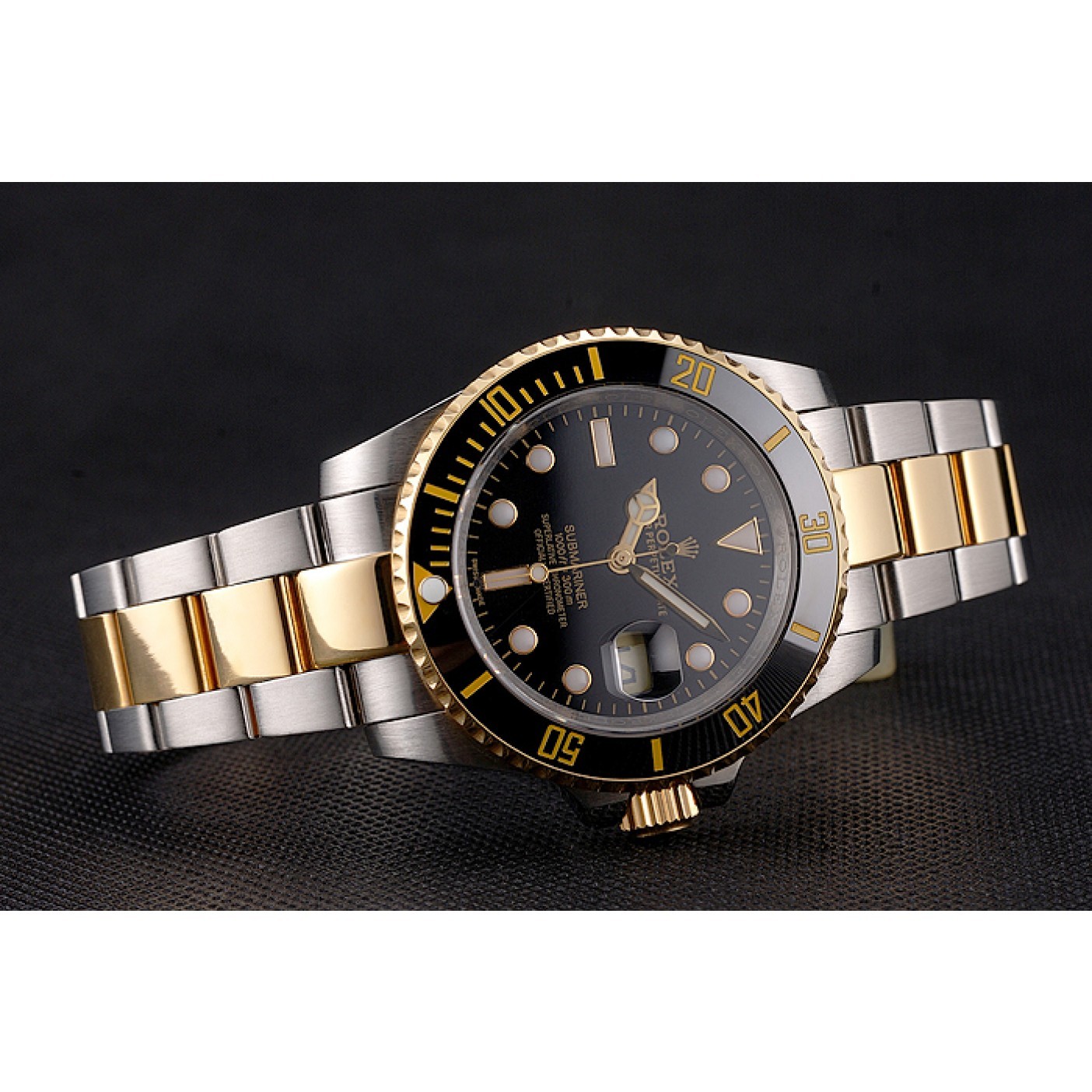 Swiss Rolex Submariner Black Dial And Bezel Two Tone Steel Gold Bracelet