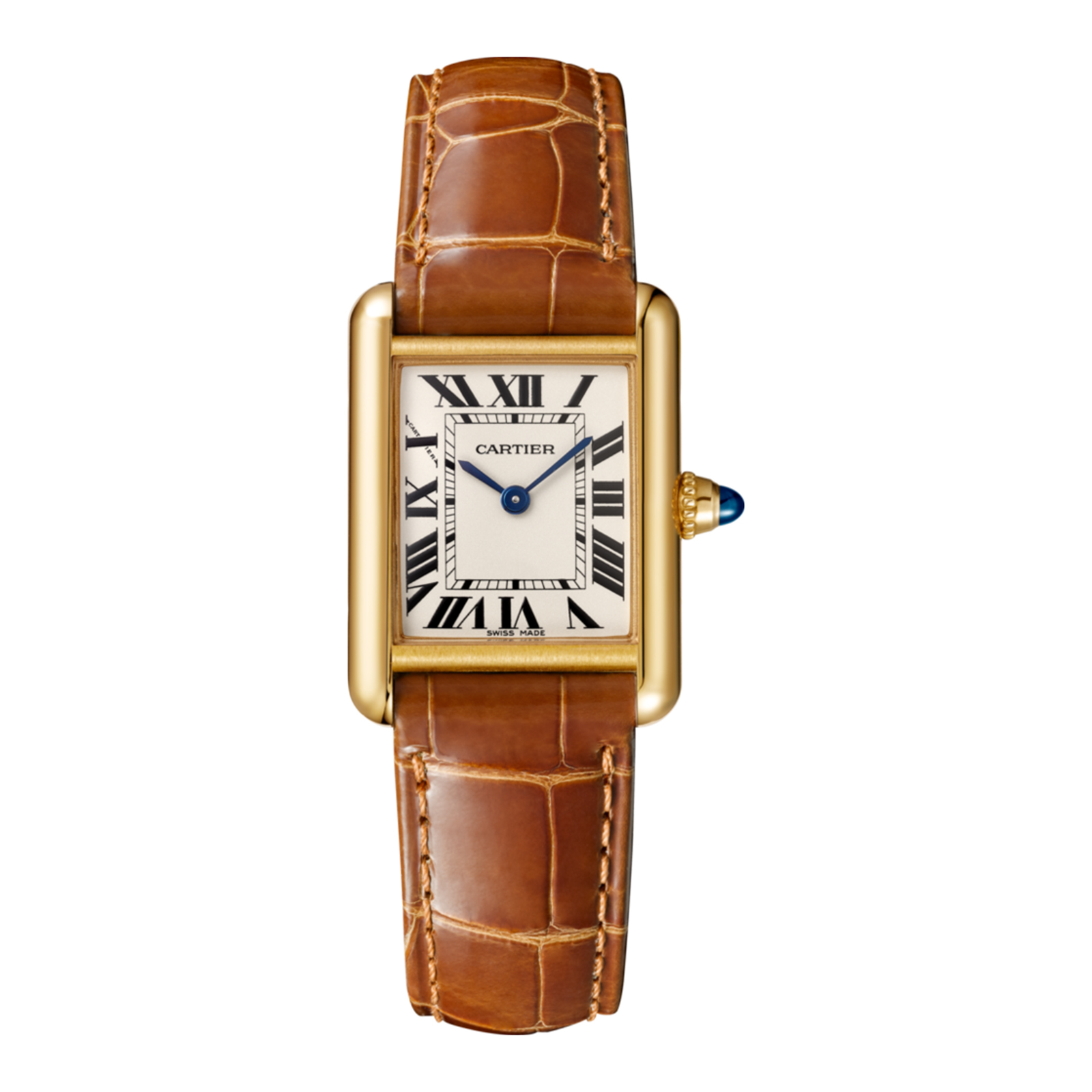 Swiss Tank Louis Cartier watch, Small model, 18K yellow gold, leather, sapphire