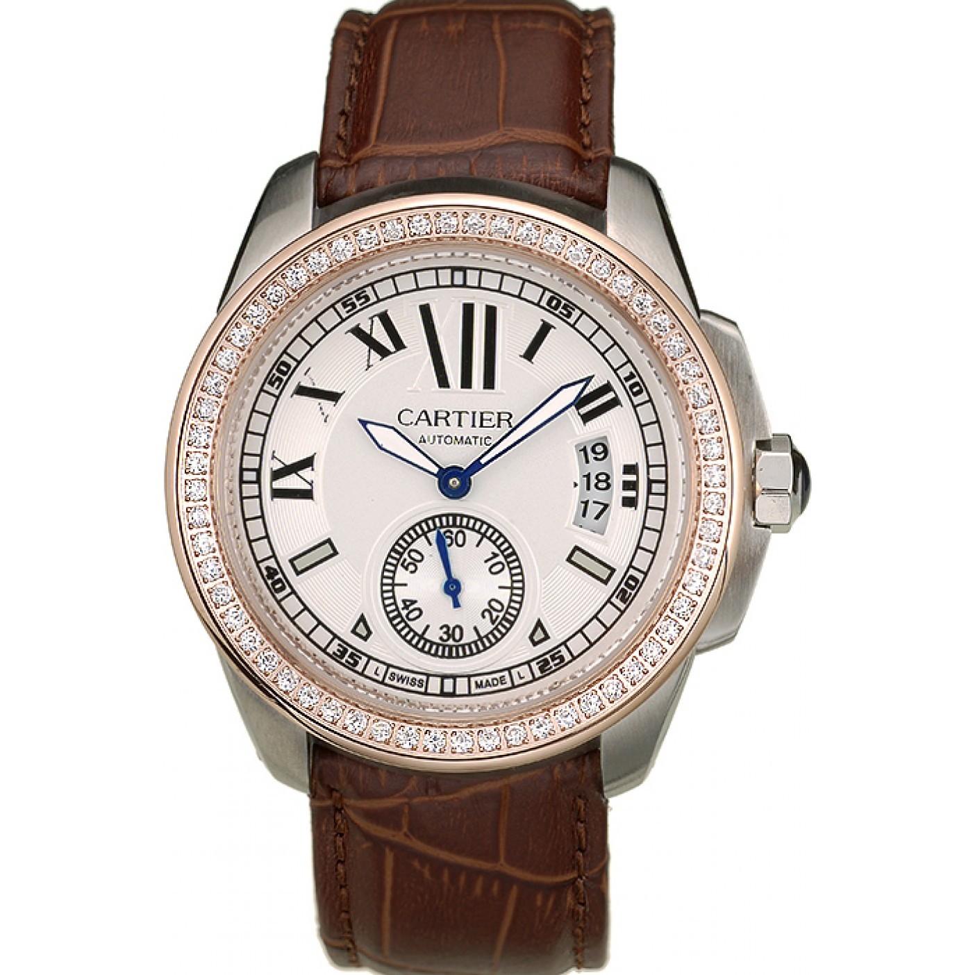 Cartier Calibre White Dial Diamonds Two Tone Case Brown Leather Bracelet