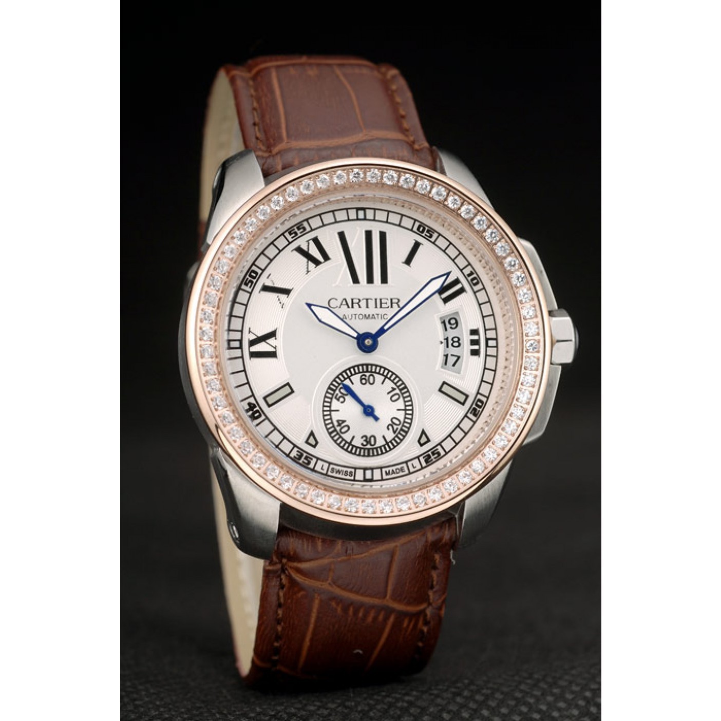 Fake Cartier Calibre White Dial Diamonds Two Tone Case Brown Leather Bracelet