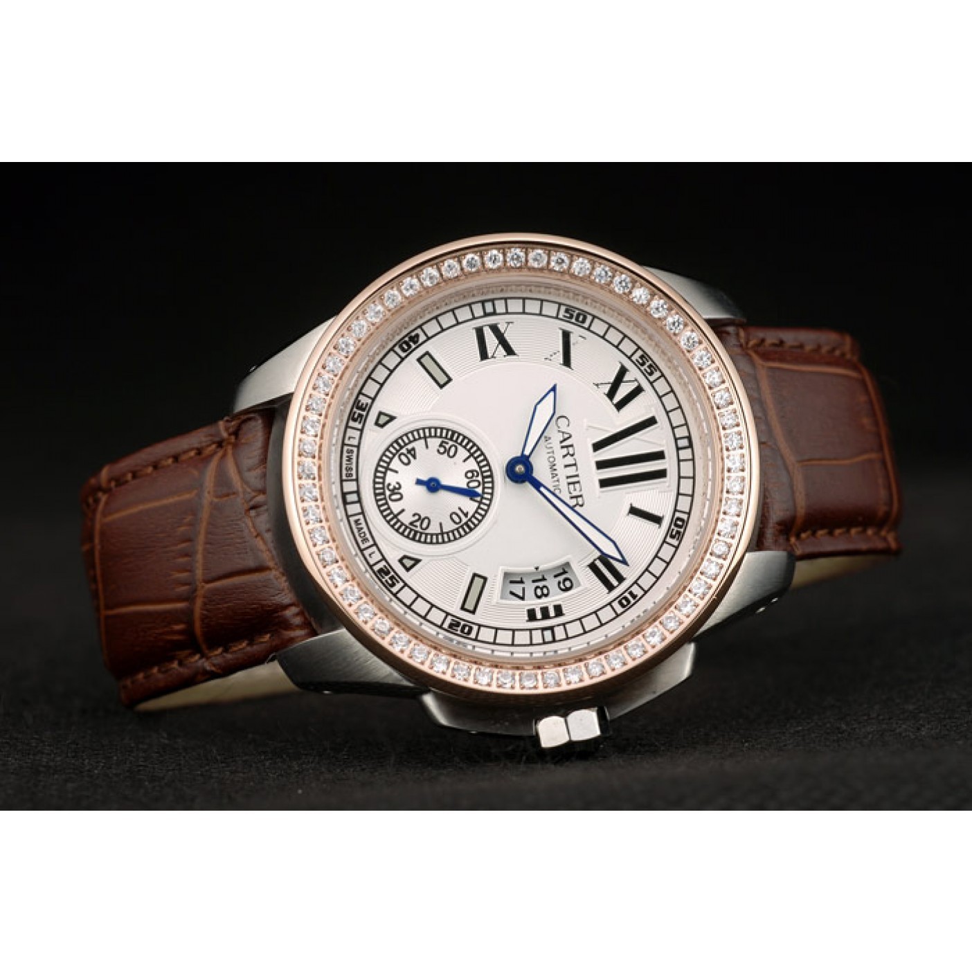 Fake Cartier Calibre White Dial Diamonds Two Tone Case Brown Leather Bracelet