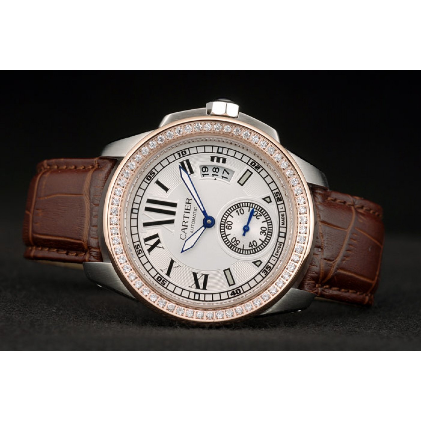 Fake Cartier Calibre White Dial Diamonds Two Tone Case Brown Leather Bracelet