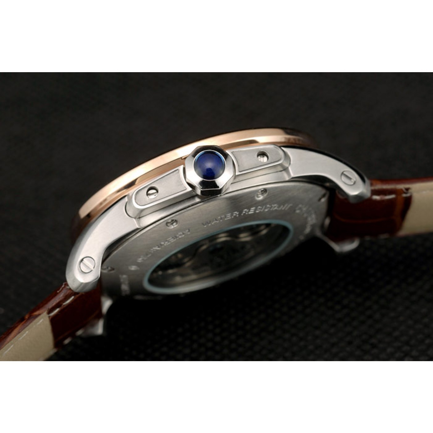 Fake Cartier Calibre White Dial Diamonds Two Tone Case Brown Leather Bracelet