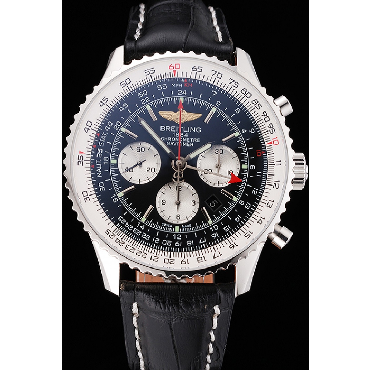 Swiss Breitling Navitimer Black Dial Stainless Stell Case Black Leather Strap