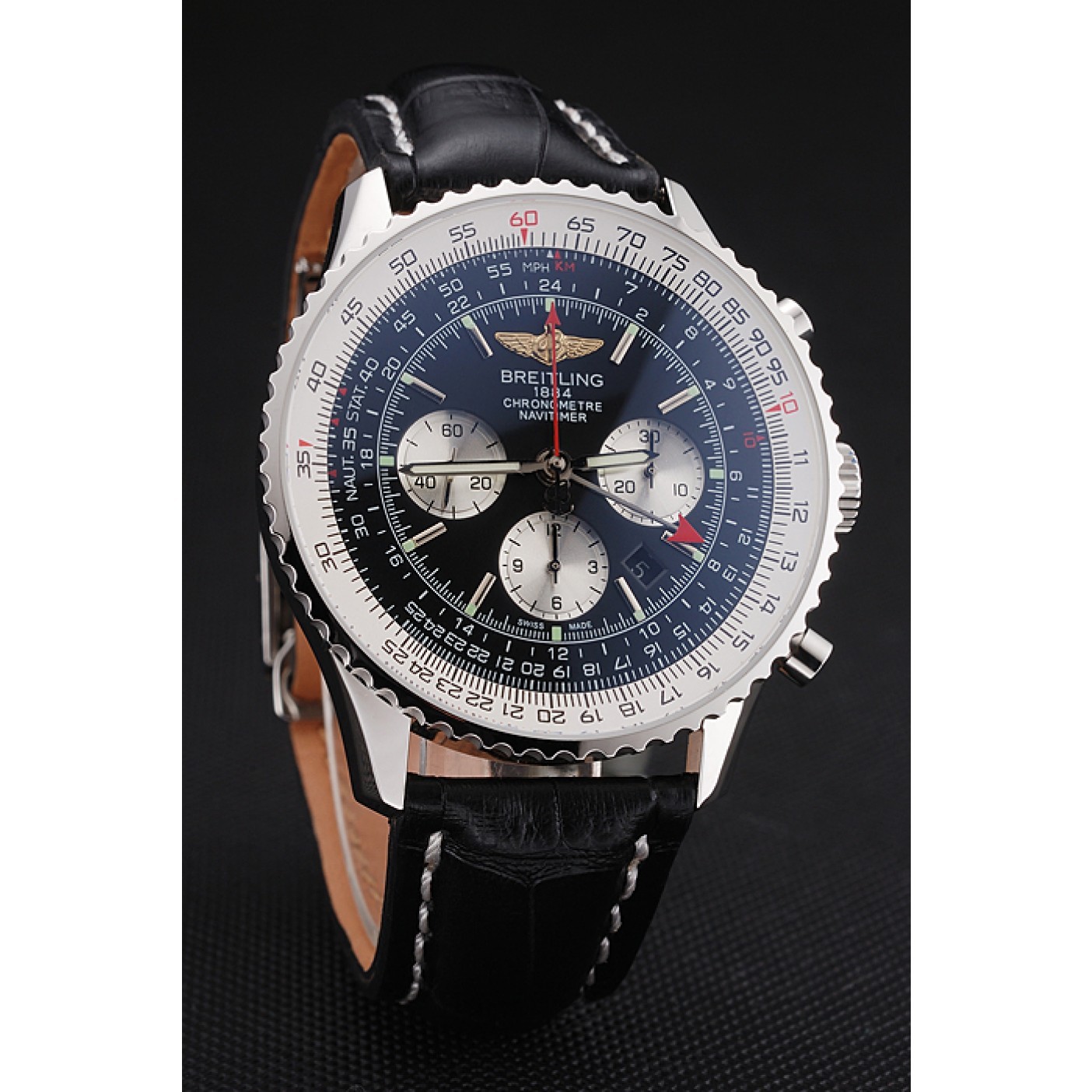 Swiss Breitling Navitimer Black Dial Stainless Stell Case Black Leather Strap