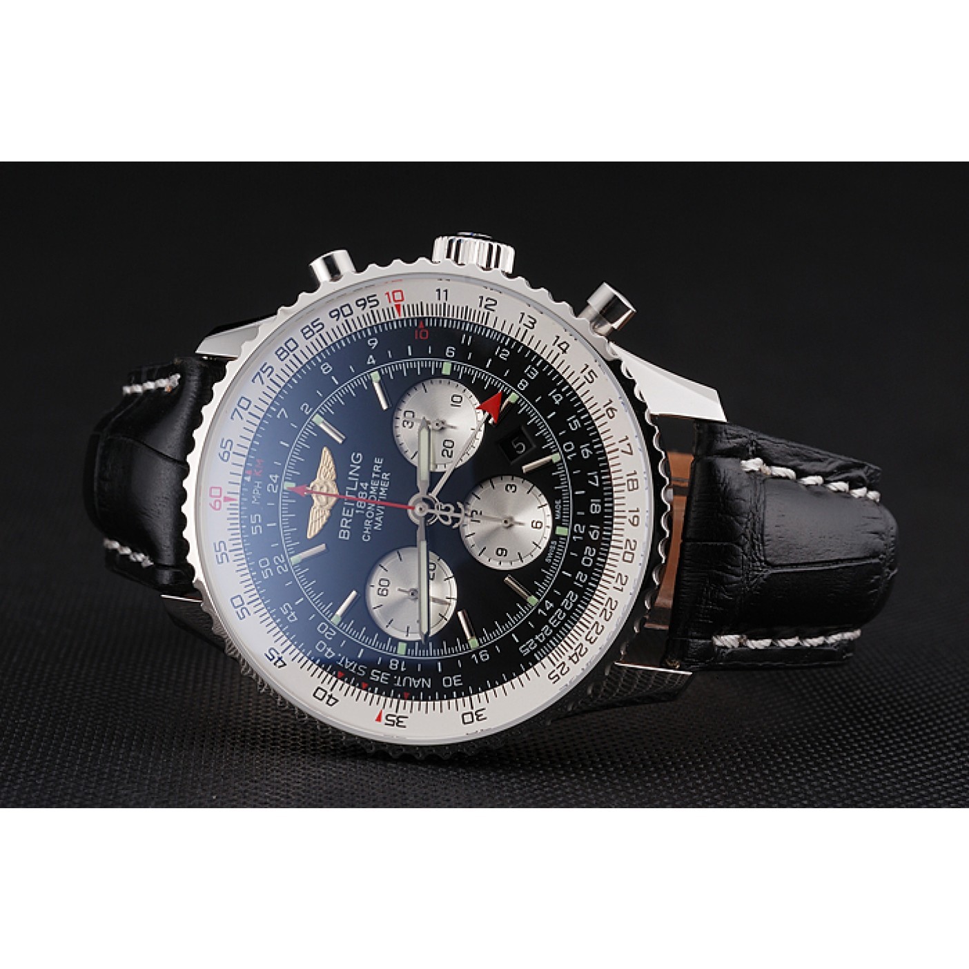 Swiss Breitling Navitimer Black Dial Stainless Stell Case Black Leather Strap