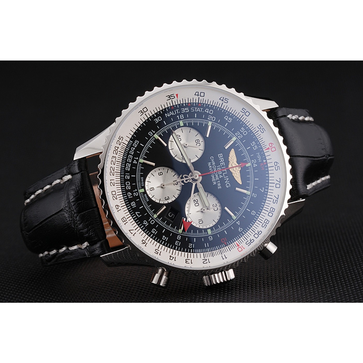 Swiss Breitling Navitimer Black Dial Stainless Stell Case Black Leather Strap