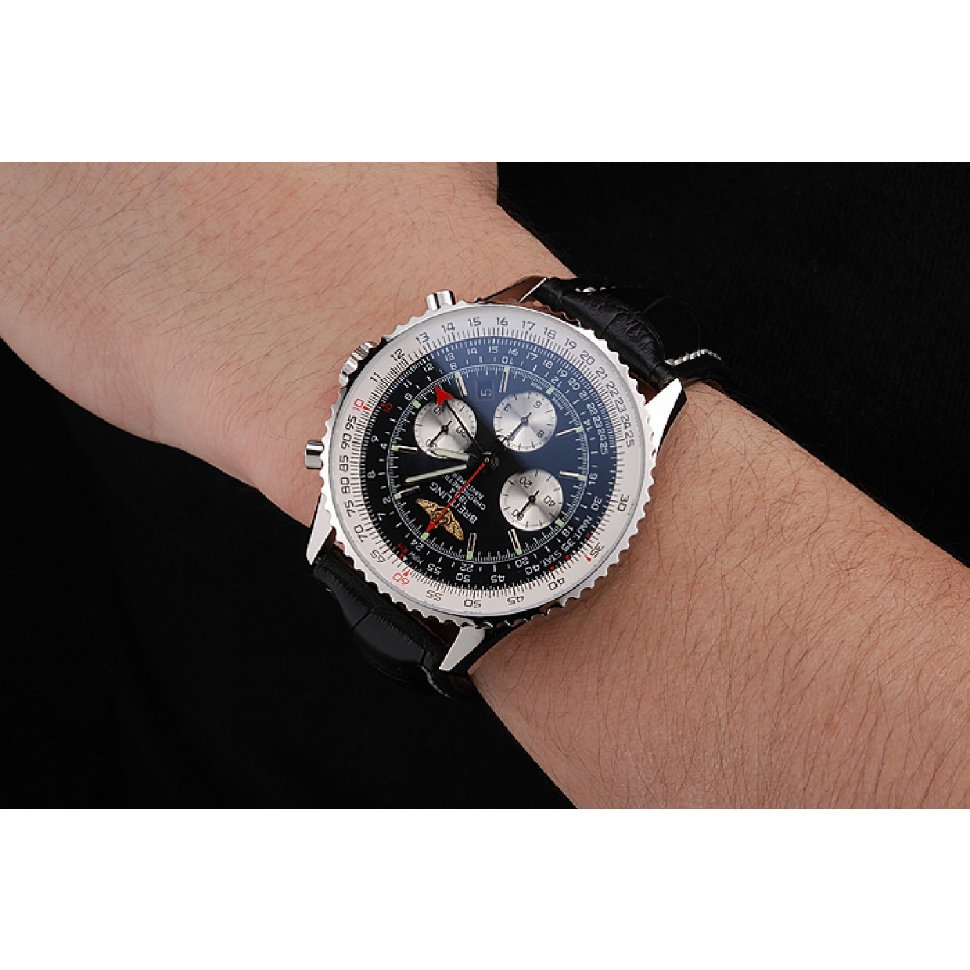 Swiss Breitling Navitimer Black Dial Stainless Stell Case Black Leather Strap