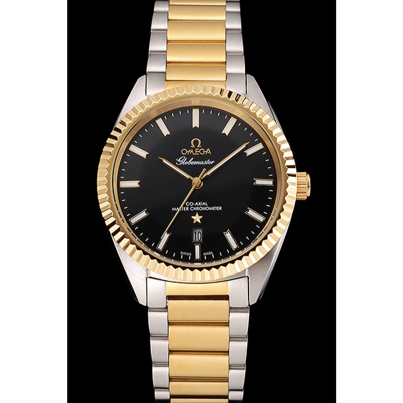 Omega Globemaster Black Dial Stainless Steel Case Gold Bezel Two Tone Bracelet