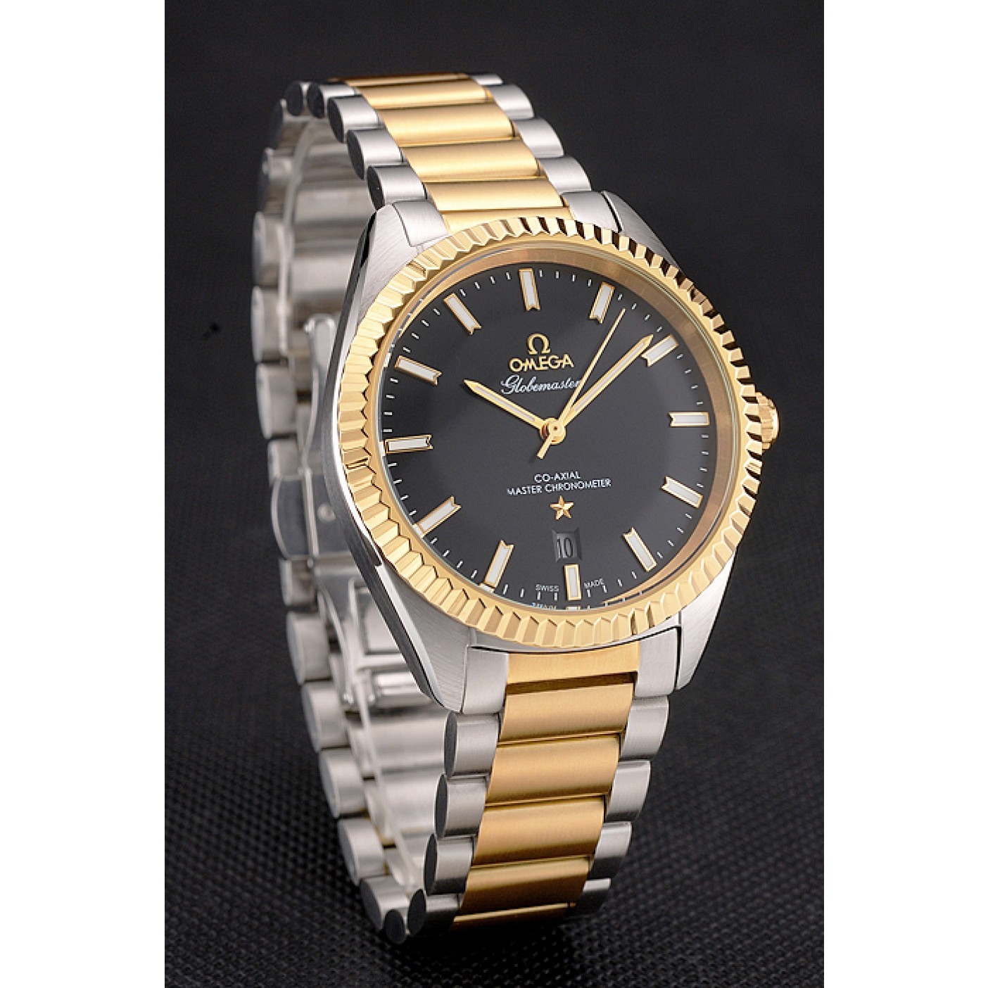 Omega Globemaster Black Dial Stainless Steel Case Gold Bezel Two Tone Bracelet