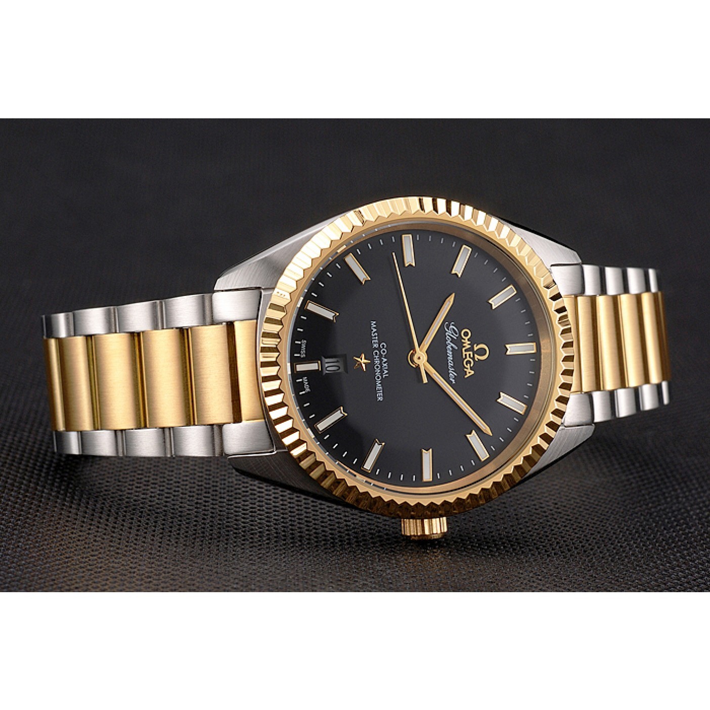 Omega Globemaster Black Dial Stainless Steel Case Gold Bezel Two Tone Bracelet