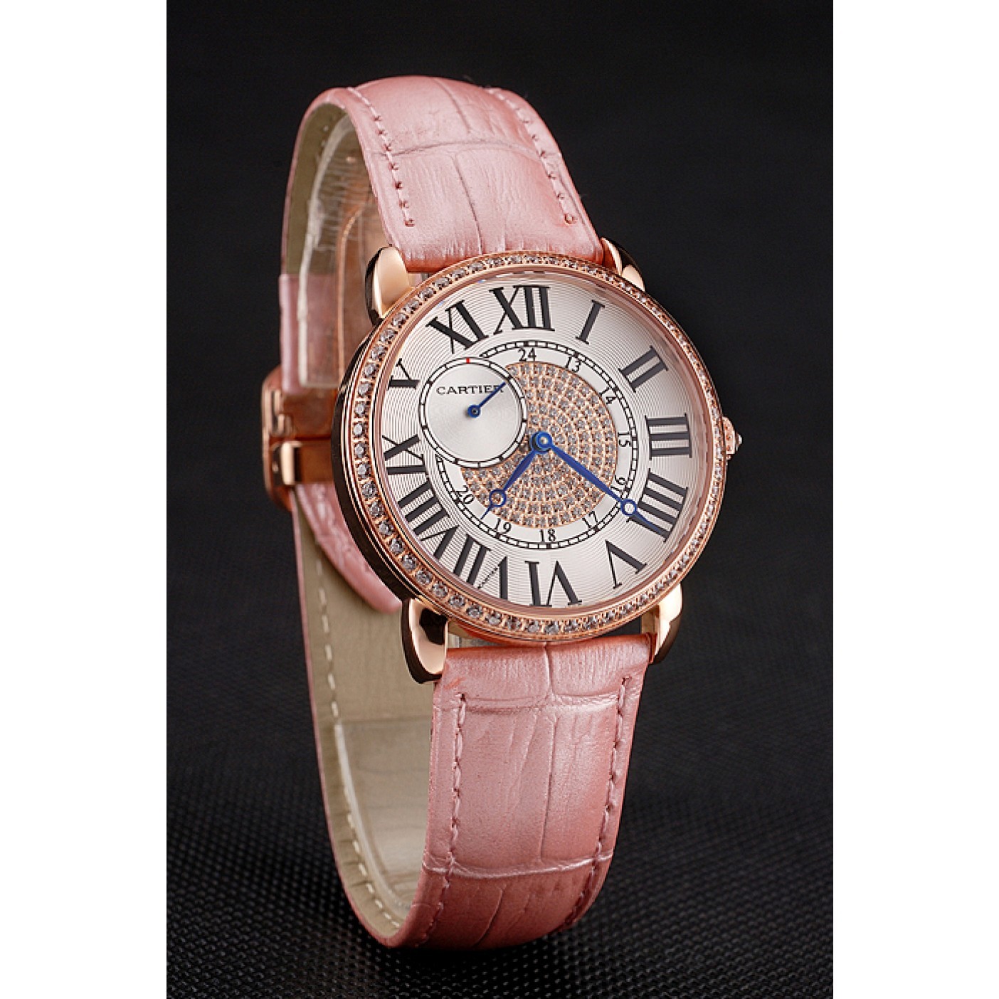 Rep Cartier Ronde Louis Gold Diamond Case White Dial Pink Leather Bracelet 1454007