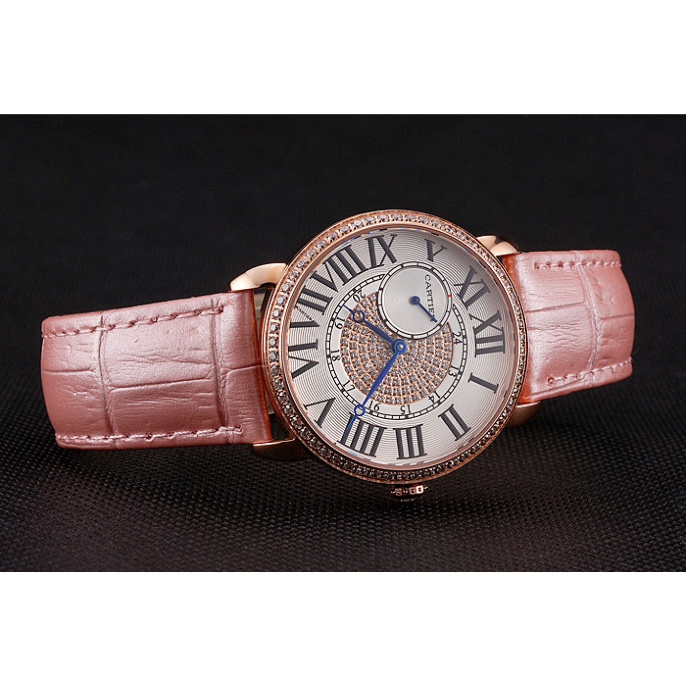 Rep Cartier Ronde Louis Gold Diamond Case White Dial Pink Leather Bracelet 1454007