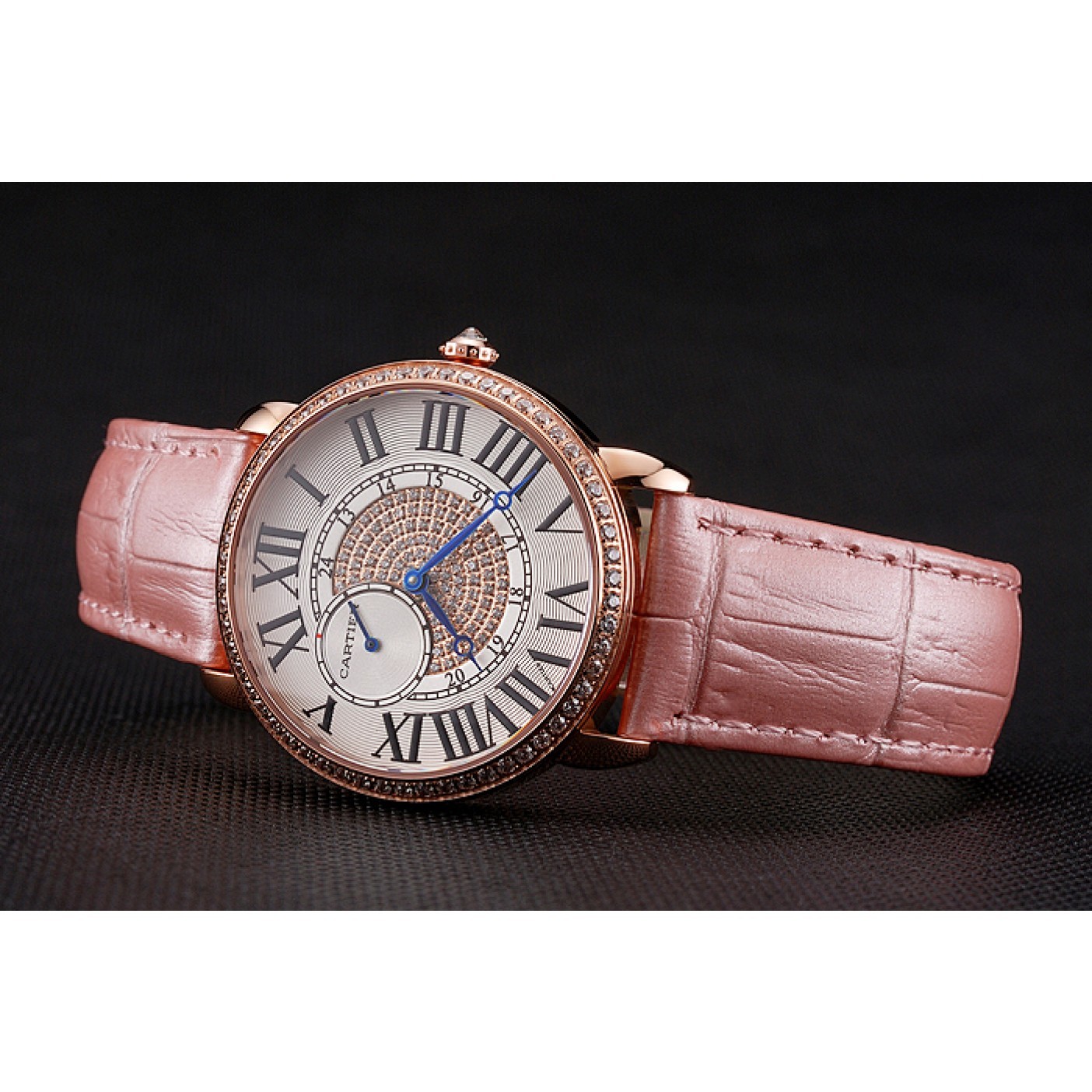 Rep Cartier Ronde Louis Gold Diamond Case White Dial Pink Leather Bracelet 1454007