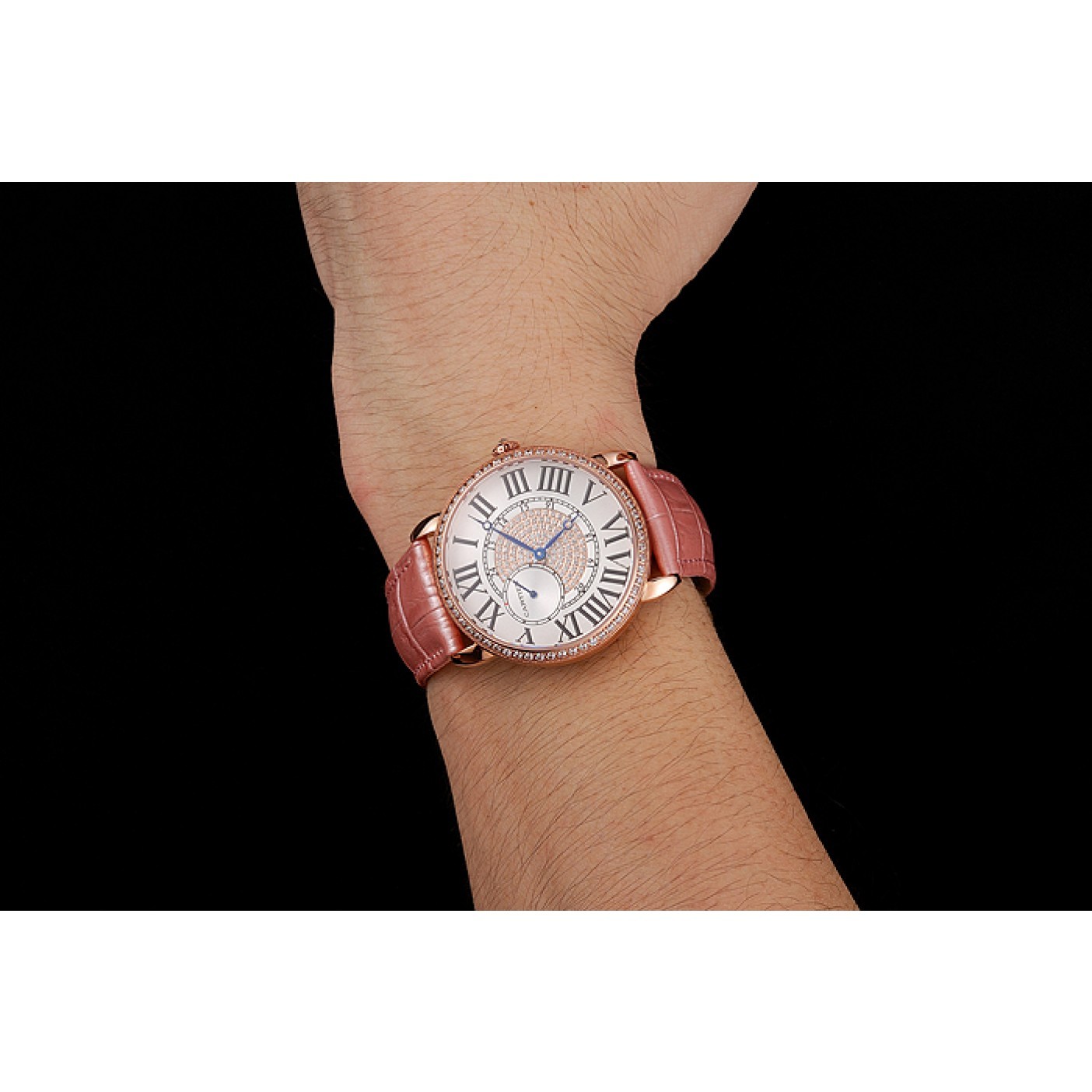 Rep Cartier Ronde Louis Gold Diamond Case White Dial Pink Leather Bracelet 1454007