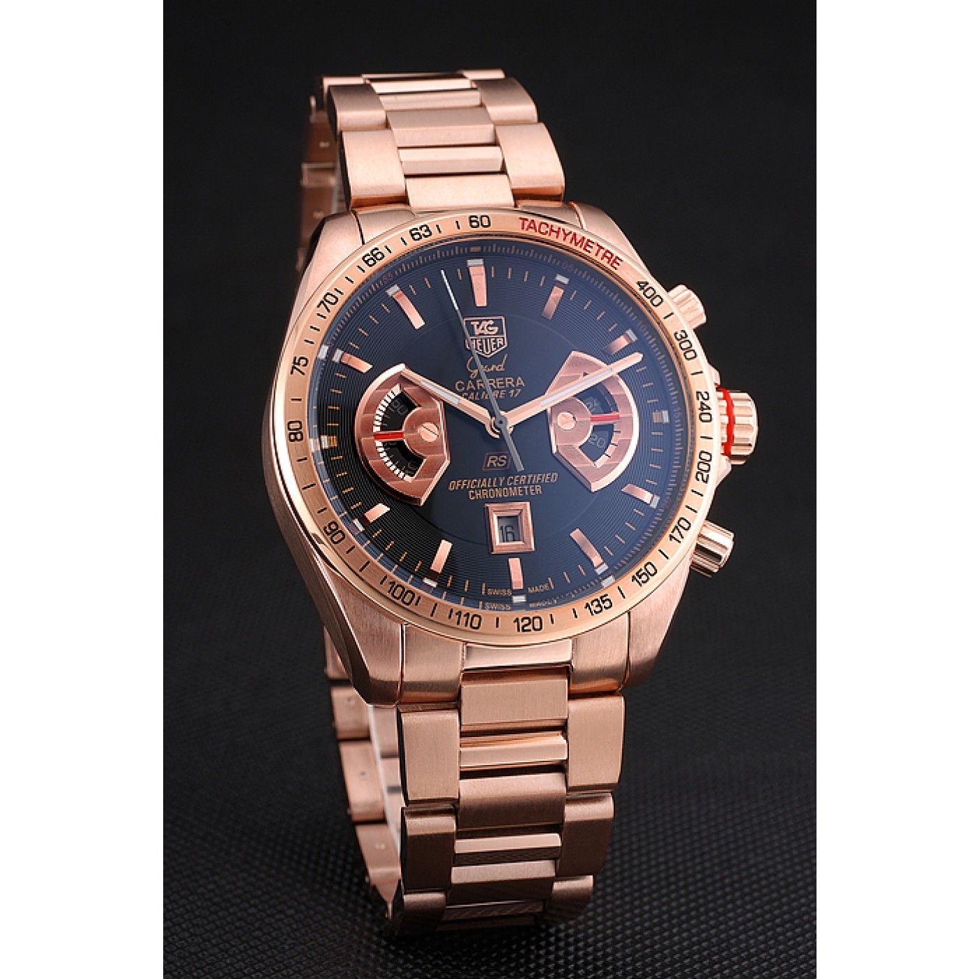 Tag Heuer Grand Carrera Rose Gold Bracelet Black Dial 801438